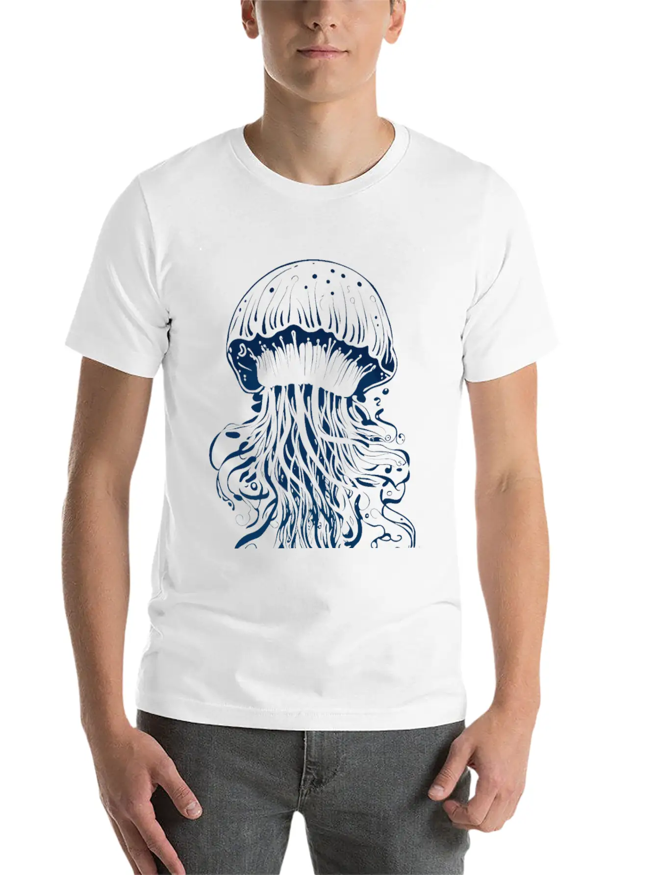 A Blue Jellyfish Ink Drawing Unisex Casual T-Shirt – Clean Design For Daily Comfort