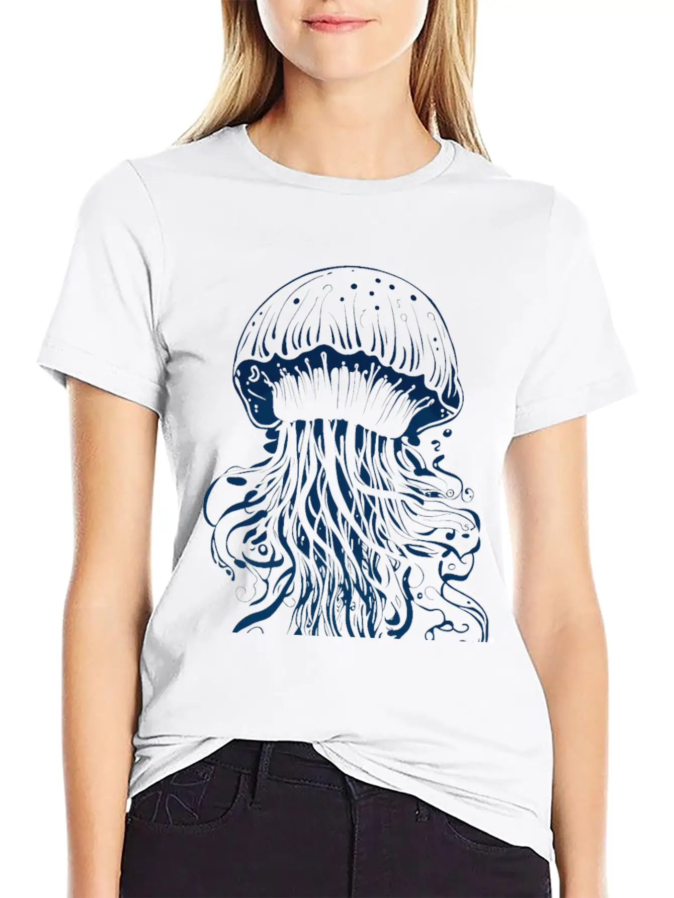 A Blue Jellyfish Ink Drawing Unisex Casual T-Shirt – Clean Design For Daily Comfort