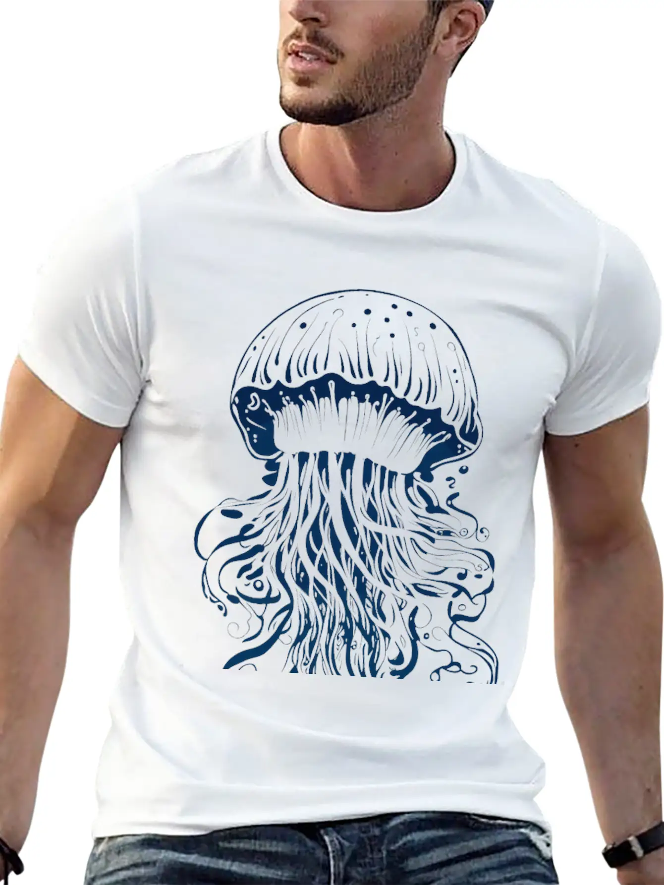 A Blue Jellyfish Ink Drawing Unisex Casual T-Shirt – Clean Design For Daily Comfort