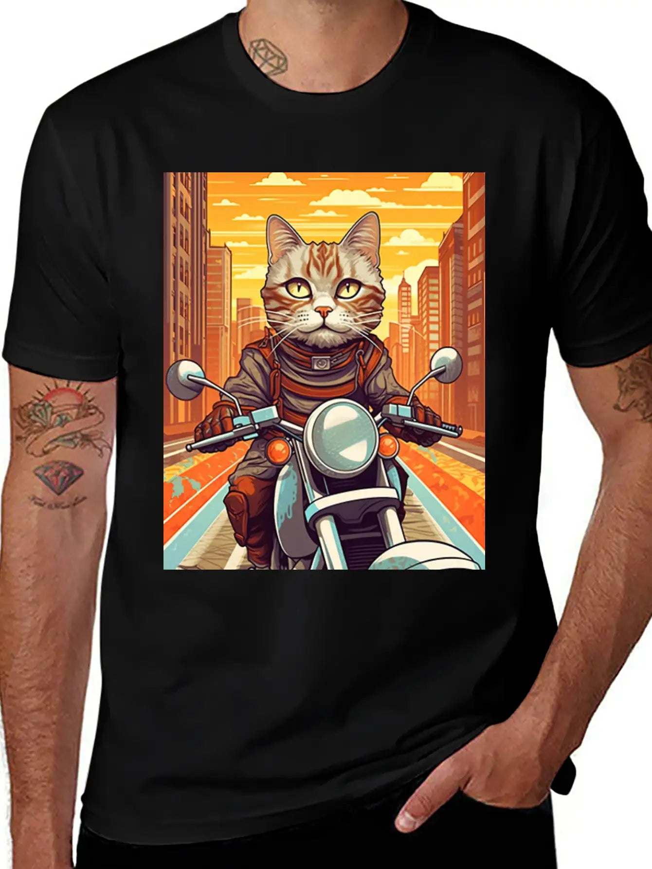 A Tabby Cat Riding A Motorcycle In The City Essential Cotton Tee For Daily Outfits – Unisex Style