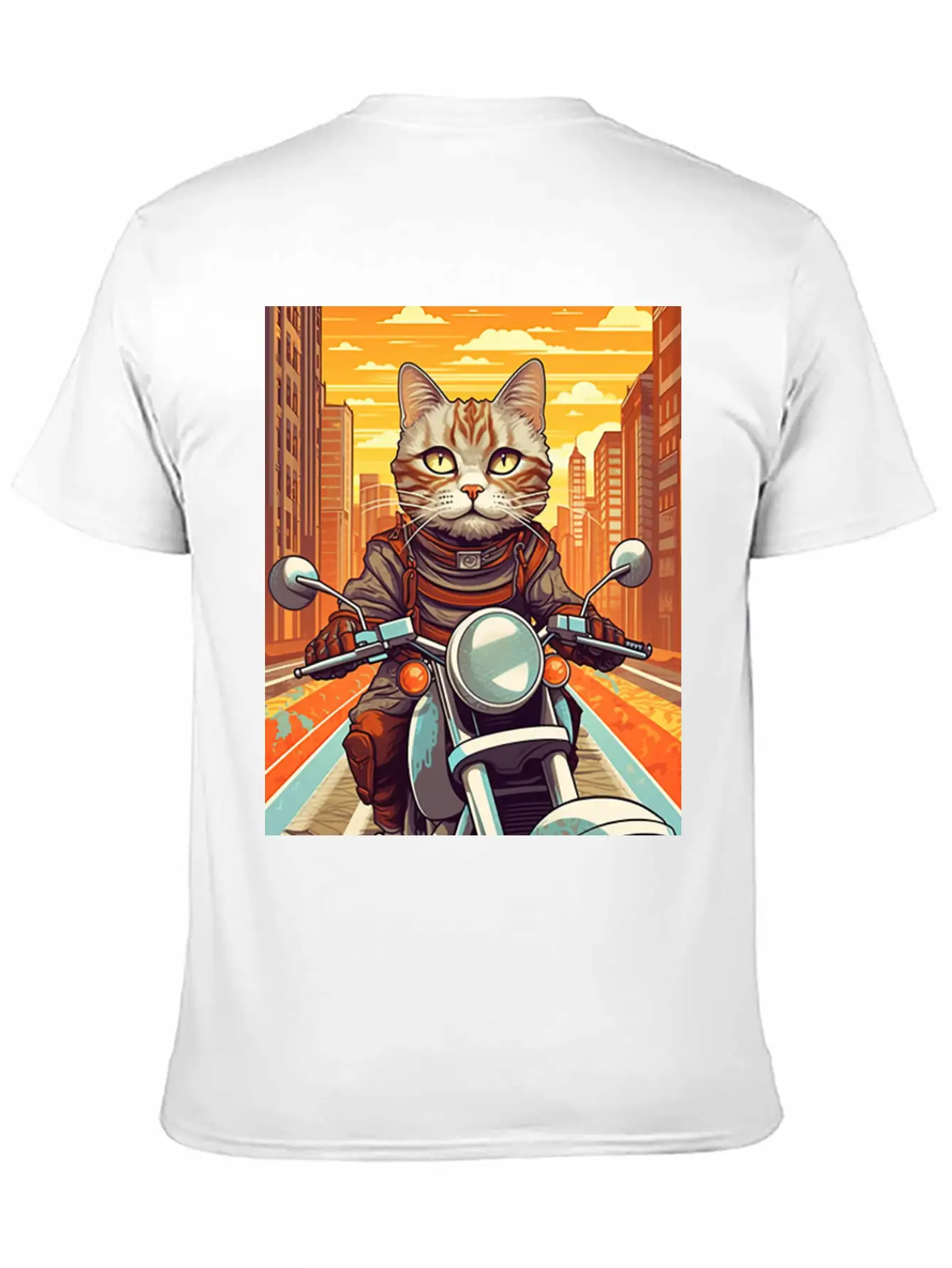 A Tabby Cat Riding A Motorcycle In The City Essential Cotton Tee For Daily Outfits – Unisex Style
