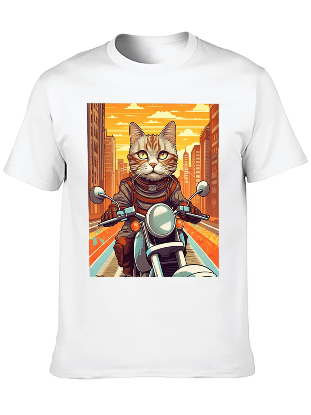 A Tabby Cat Riding A Motorcycle In The City Essential Cotton Tee For Daily Outfits – Unisex Style