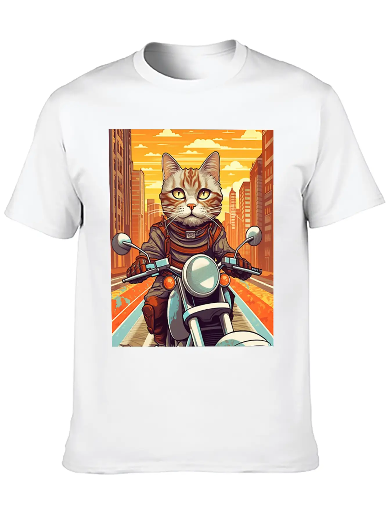 A Tabby Cat Riding A Motorcycle In The City Essential Cotton Tee For Daily Outfits – Unisex Style