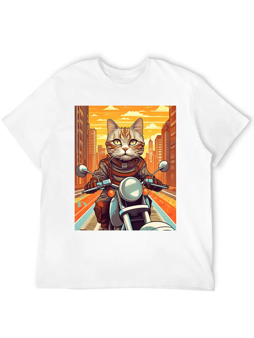A Tabby Cat Riding A Motorcycle In The City Essential Cotton Tee For Daily Outfits – Unisex Style