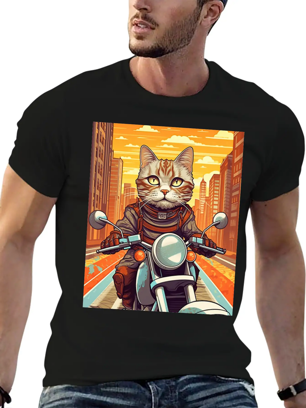 A Tabby Cat Riding A Motorcycle In The City Essential Cotton Tee For Daily Outfits – Unisex Style