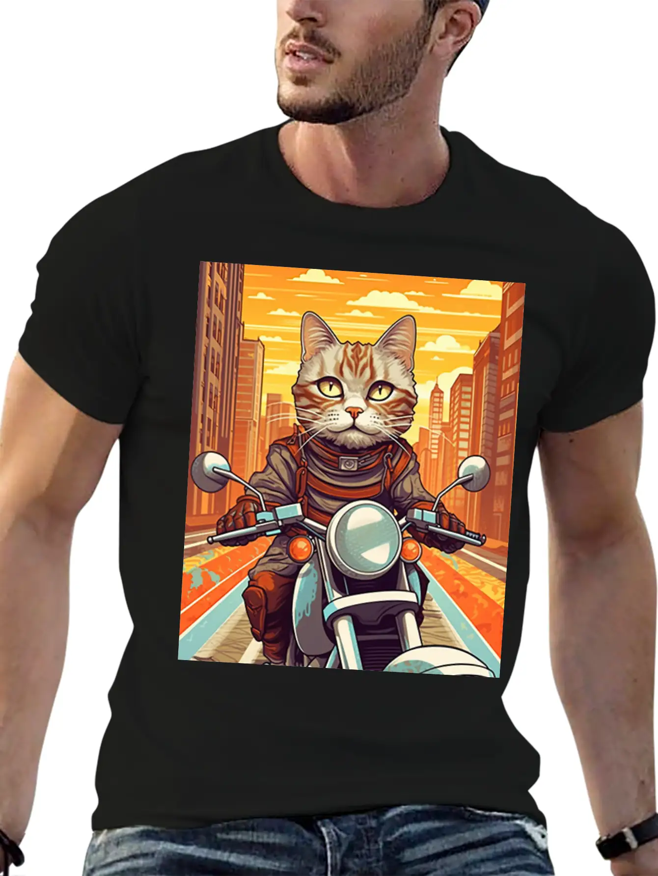 A Tabby Cat Riding A Motorcycle In The City Essential Cotton Tee For Daily Outfits – Unisex Style