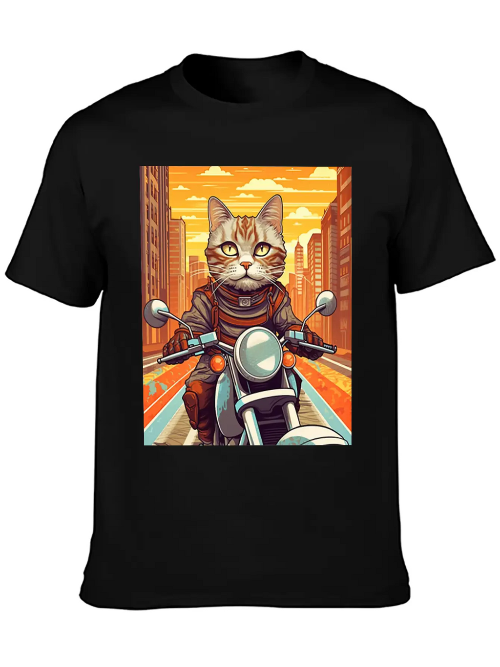 A Tabby Cat Riding A Motorcycle In The City Essential Cotton Tee For Daily Outfits – Unisex Style