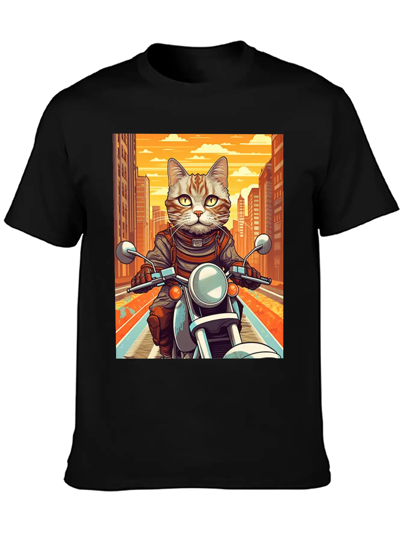 A Tabby Cat Riding A Motorcycle In The City Essential Cotton Tee For Daily Outfits – Unisex Style