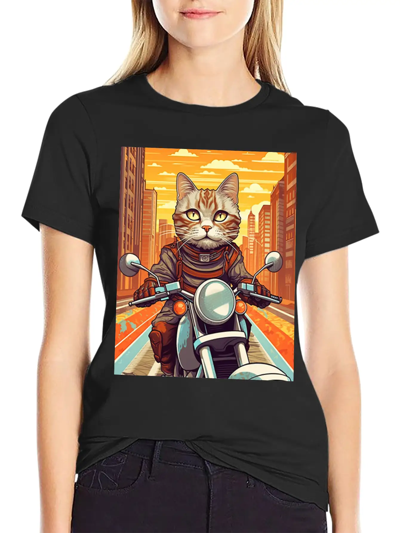 A Tabby Cat Riding A Motorcycle In The City Essential Cotton Tee For Daily Outfits – Unisex Style