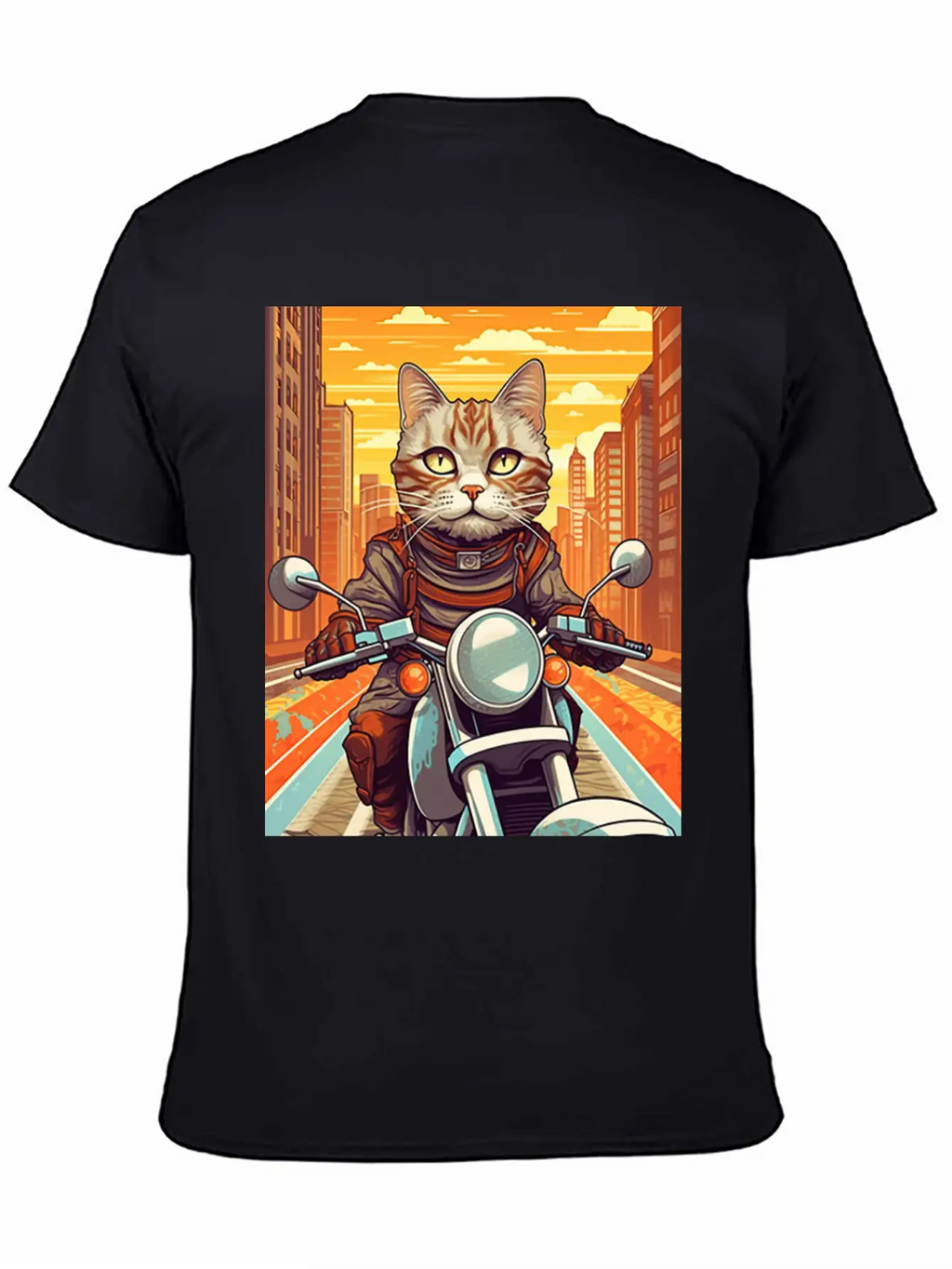 A Tabby Cat Riding A Motorcycle In The City Essential Cotton Tee For Daily Outfits – Unisex Style