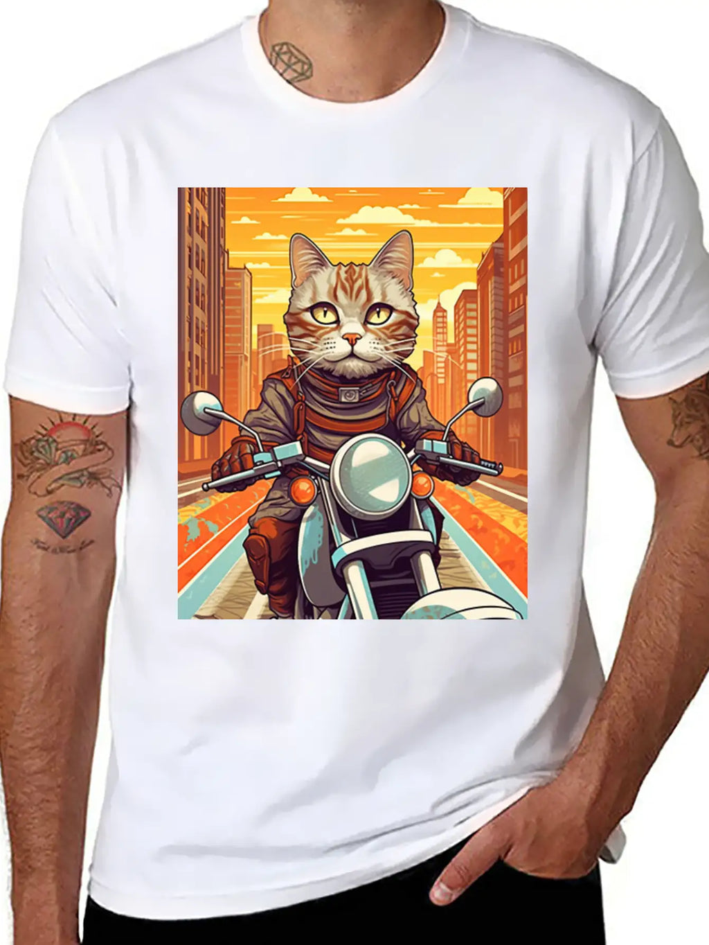 A Tabby Cat Riding A Motorcycle In The City Essential Cotton Tee For Daily Outfits – Unisex Style