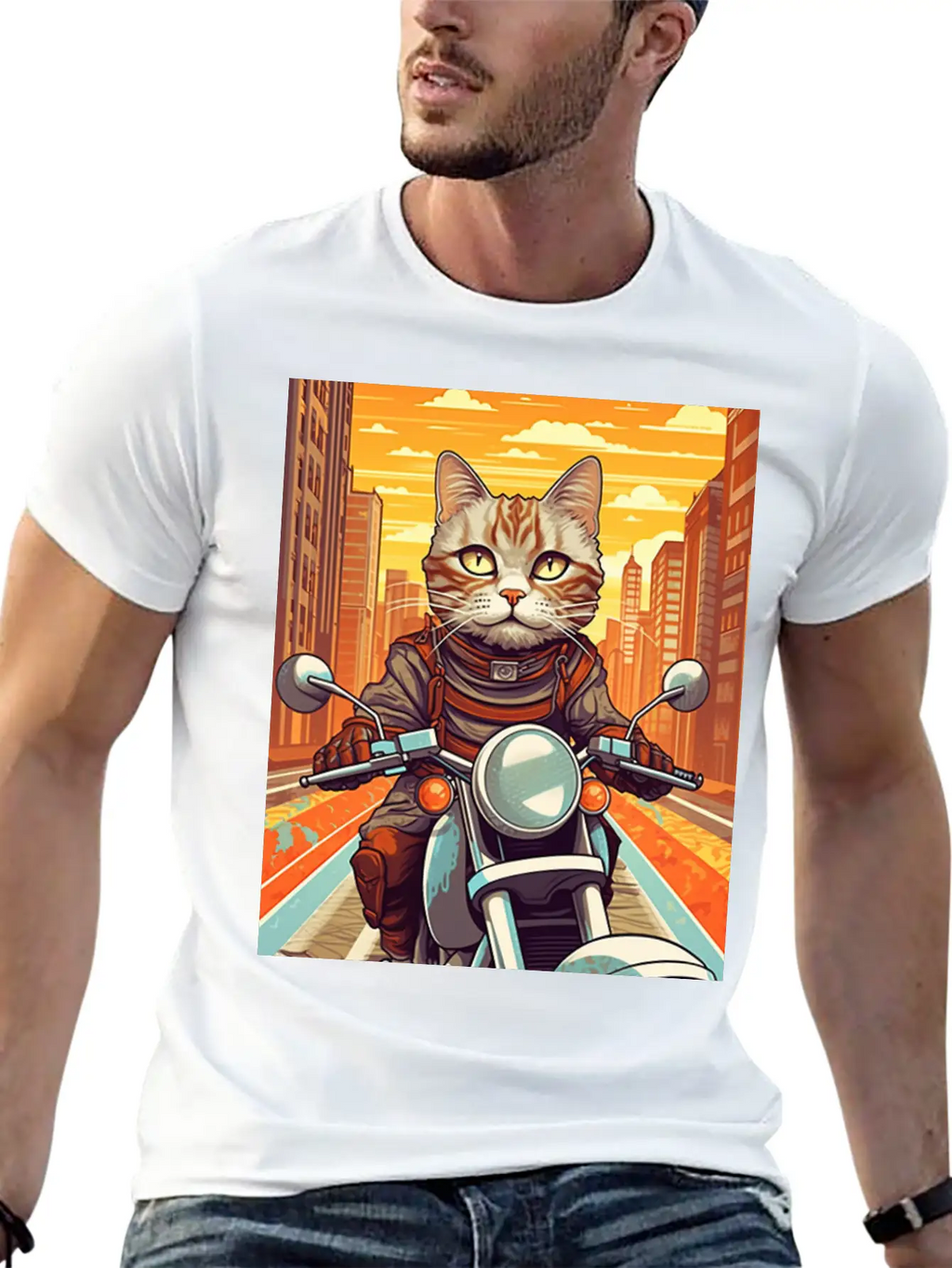 A Tabby Cat Riding A Motorcycle In The City Essential Cotton Tee For Daily Outfits – Unisex Style