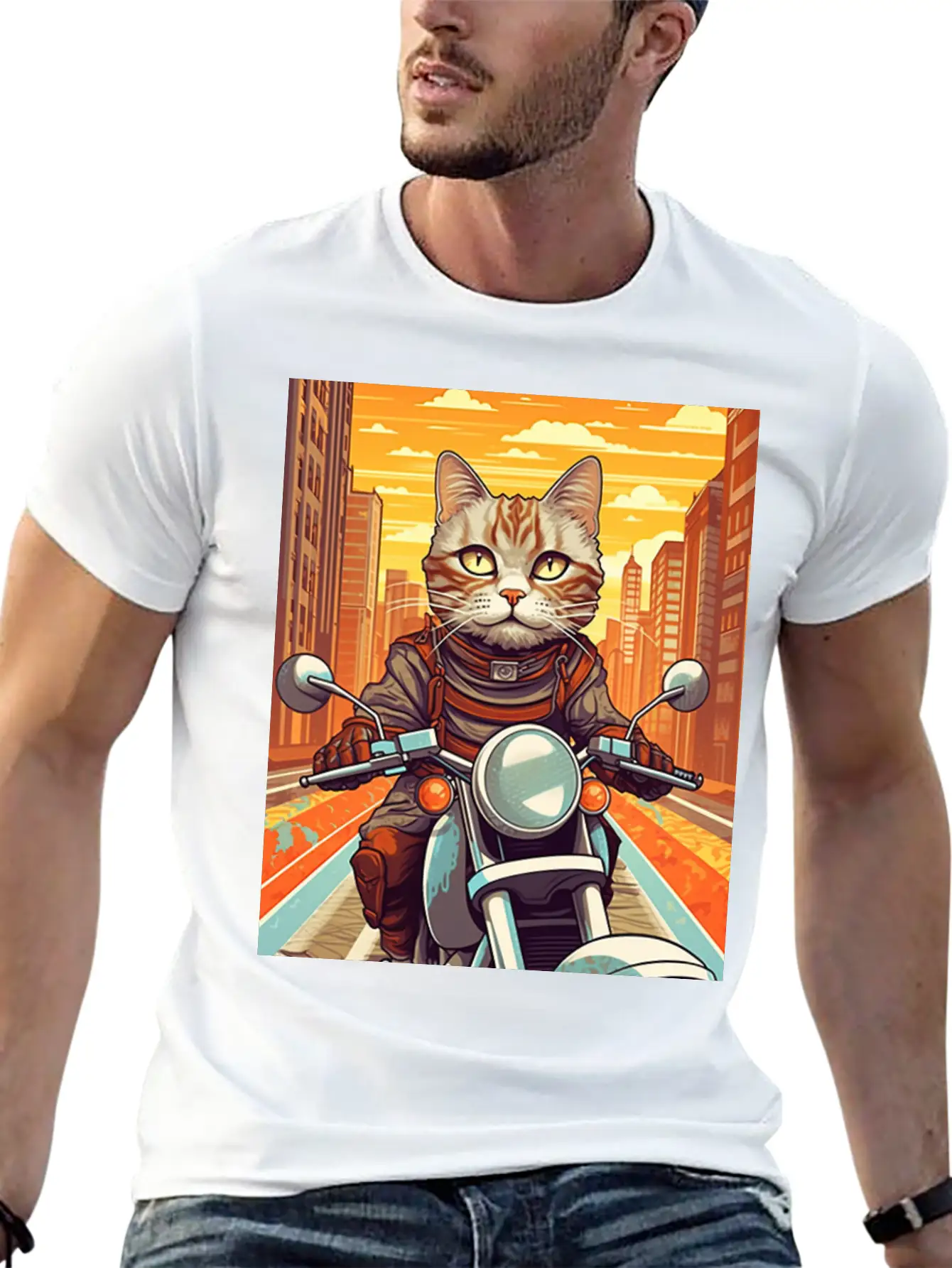 A Tabby Cat Riding A Motorcycle In The City Essential Cotton Tee For Daily Outfits – Unisex Style