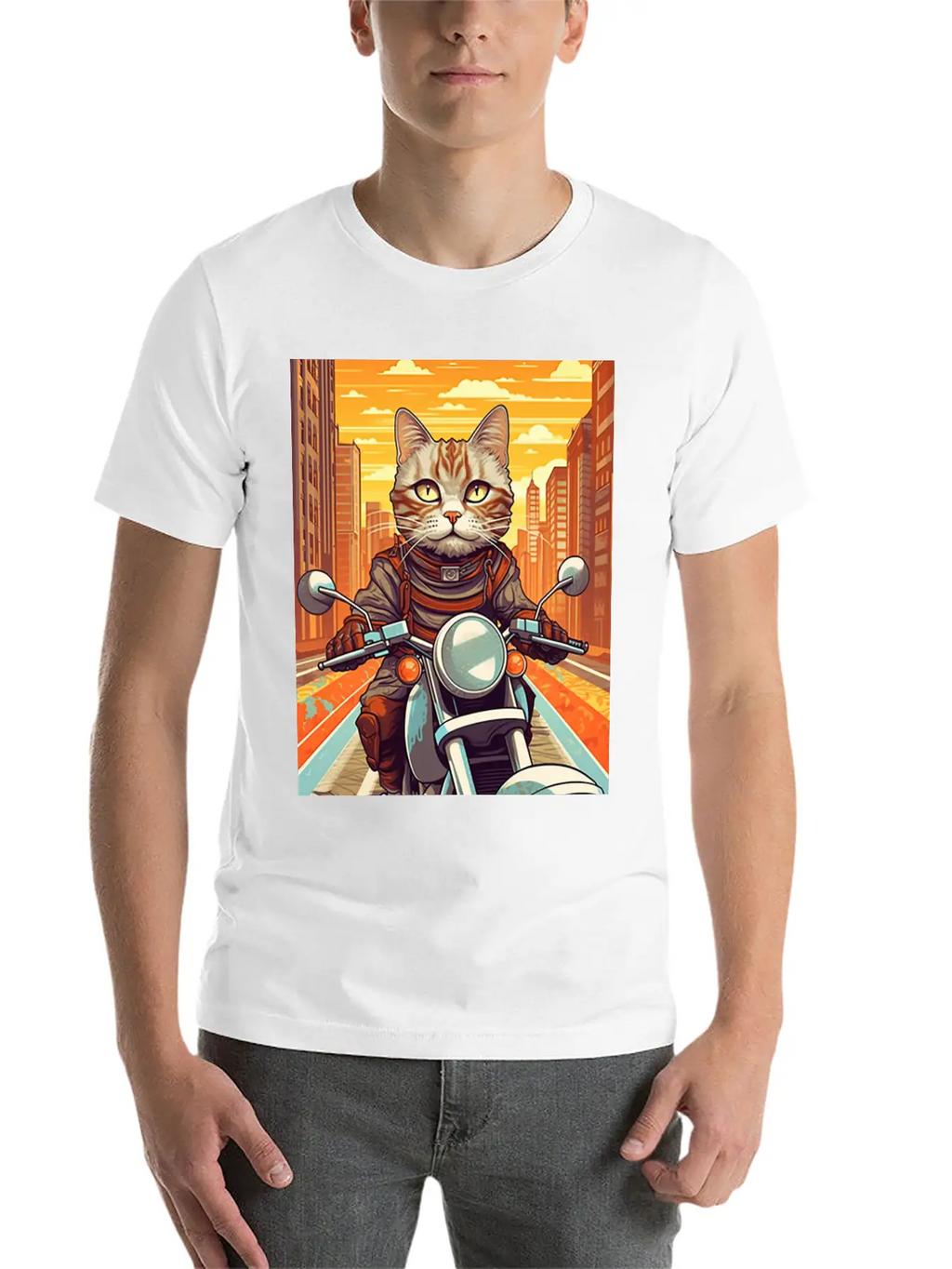 A Tabby Cat Riding A Motorcycle In The City Essential Cotton Tee For Daily Outfits – Unisex Style
