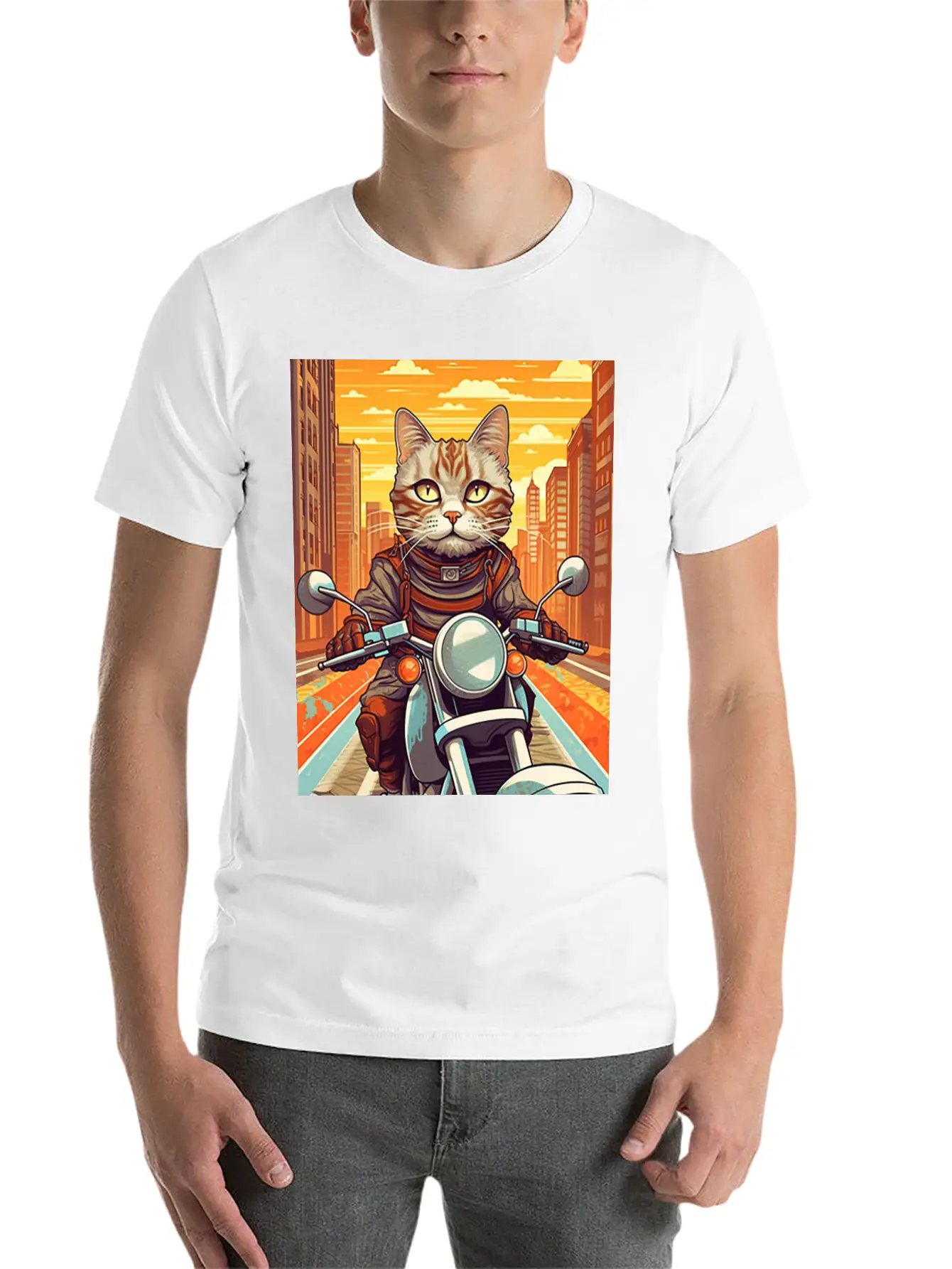 A Tabby Cat Riding A Motorcycle In The City Essential Cotton Tee For Daily Outfits – Unisex Style