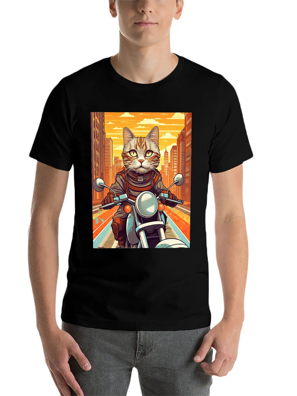 A Tabby Cat Riding A Motorcycle In The City Essential Cotton Tee For Daily Outfits – Unisex Style