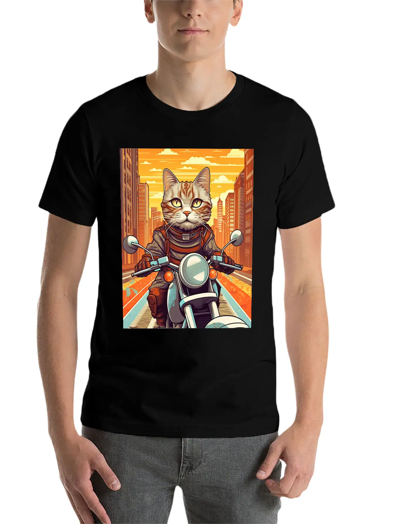 A Tabby Cat Riding A Motorcycle In The City Essential Cotton Tee For Daily Outfits – Unisex Style