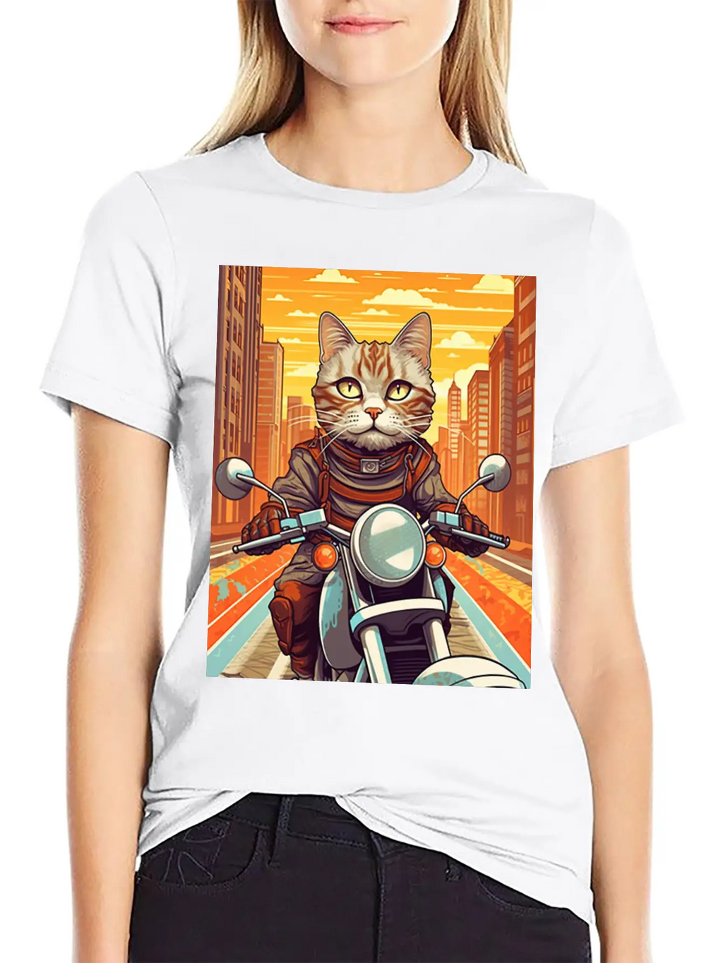 A Tabby Cat Riding A Motorcycle In The City Essential Cotton Tee For Daily Outfits – Unisex Style