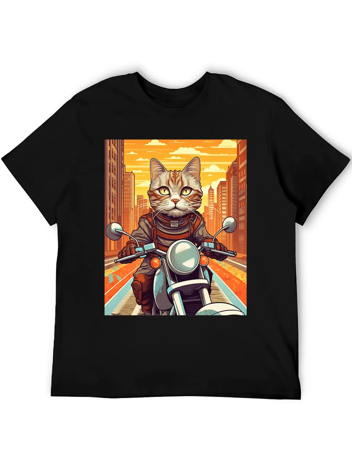 A Tabby Cat Riding A Motorcycle In The City Essential Cotton Tee For Daily Outfits – Unisex Style