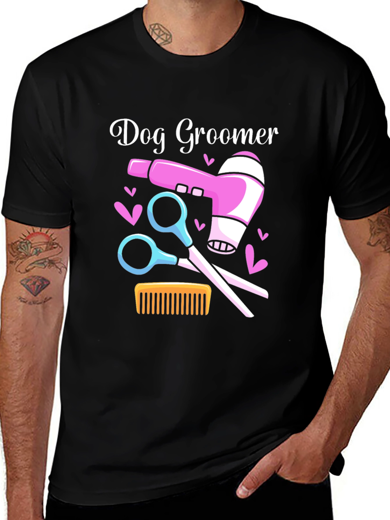 Dog Groomer T-Shirt: Hair Dryer Scissors Comb Design