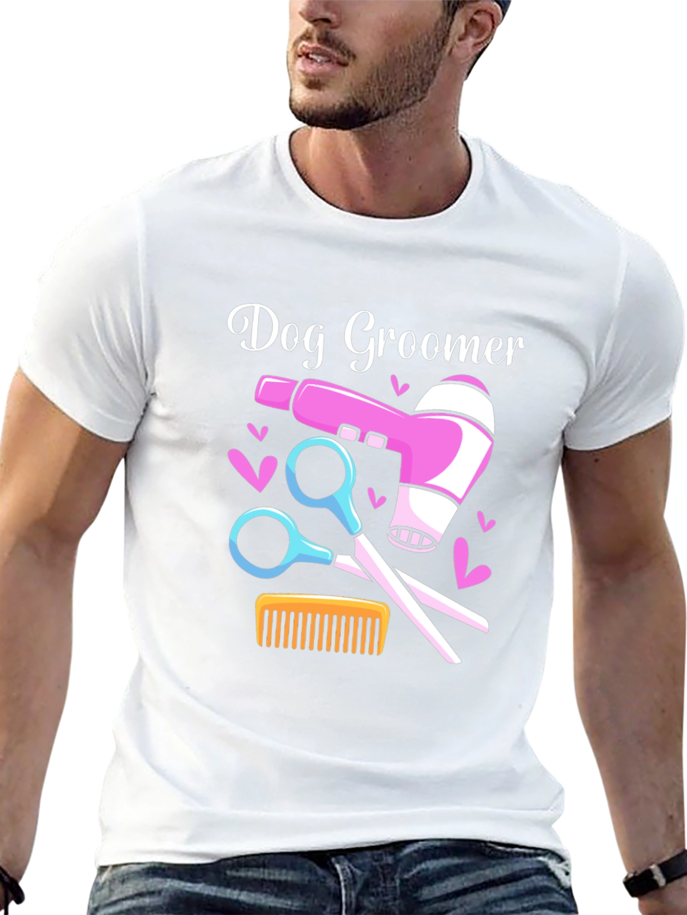 Dog Groomer T-Shirt: Hair Dryer Scissors Comb Design