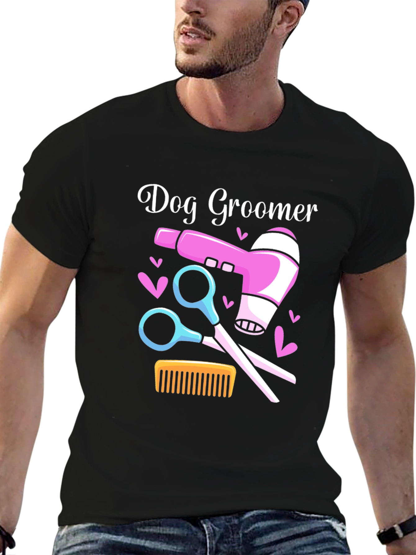 Dog Groomer T-Shirt: Hair Dryer Scissors Comb Design