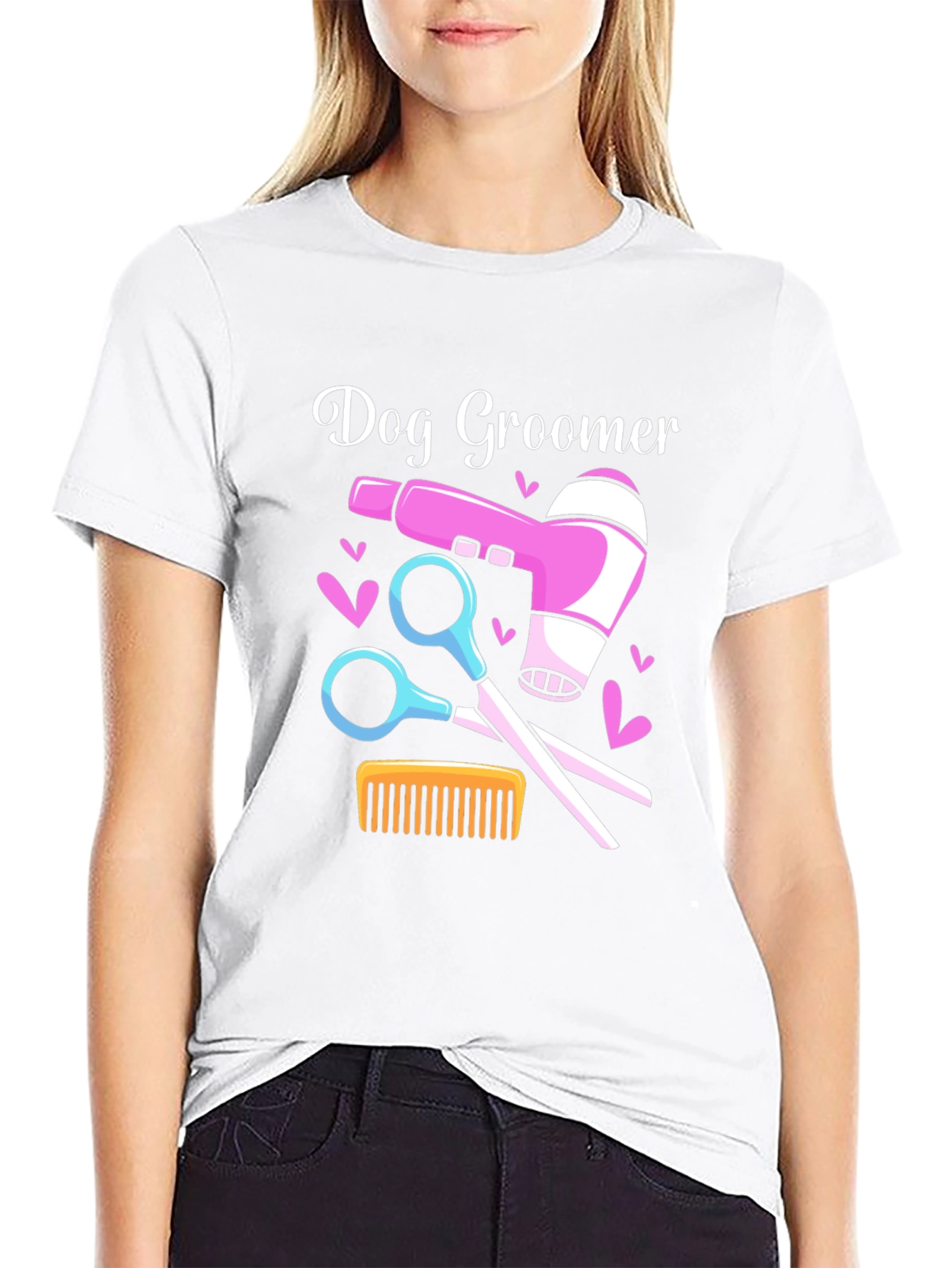Dog Groomer T-Shirt: Hair Dryer Scissors Comb Design