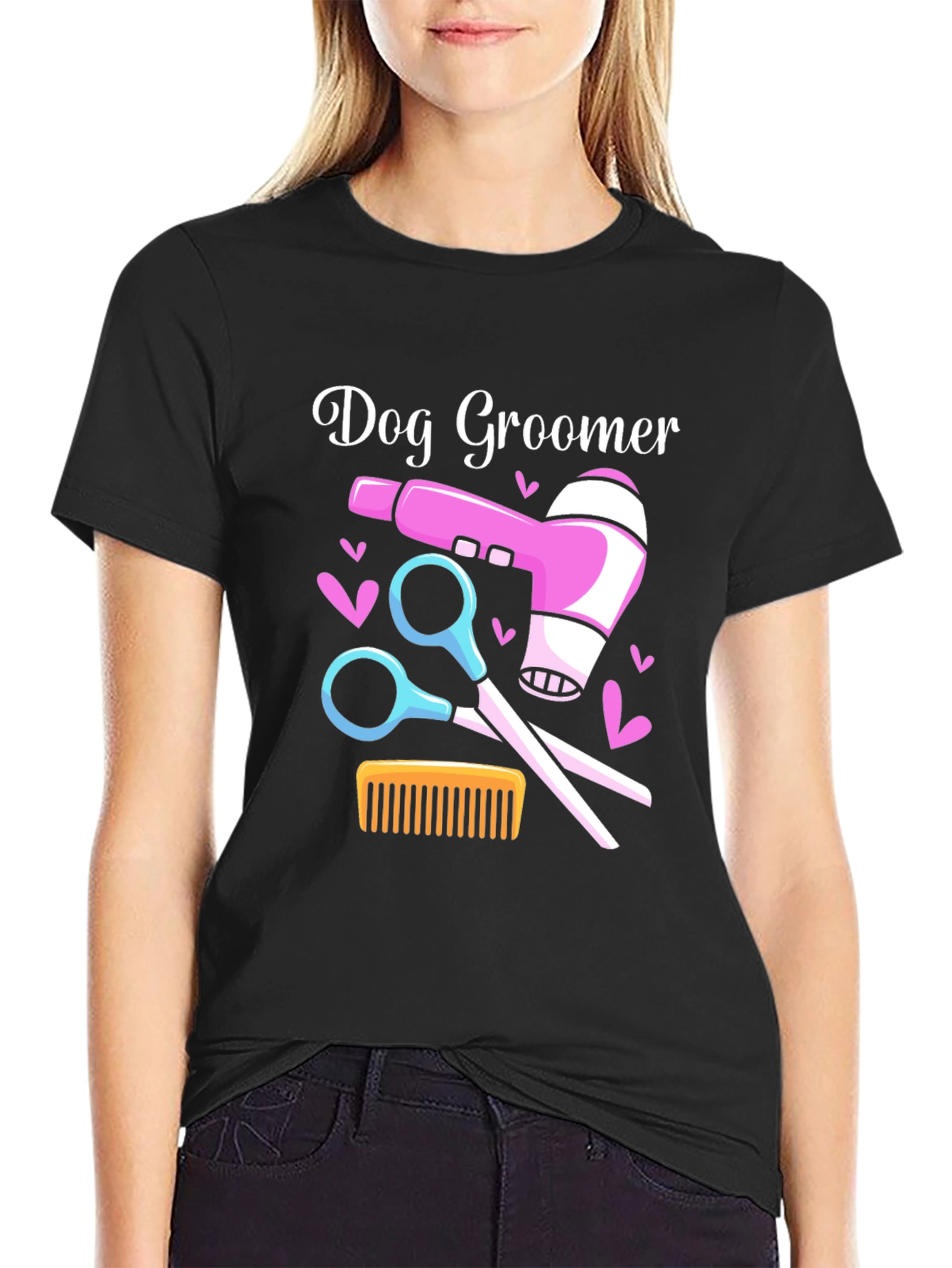 Dog Groomer T-Shirt: Hair Dryer Scissors Comb Design