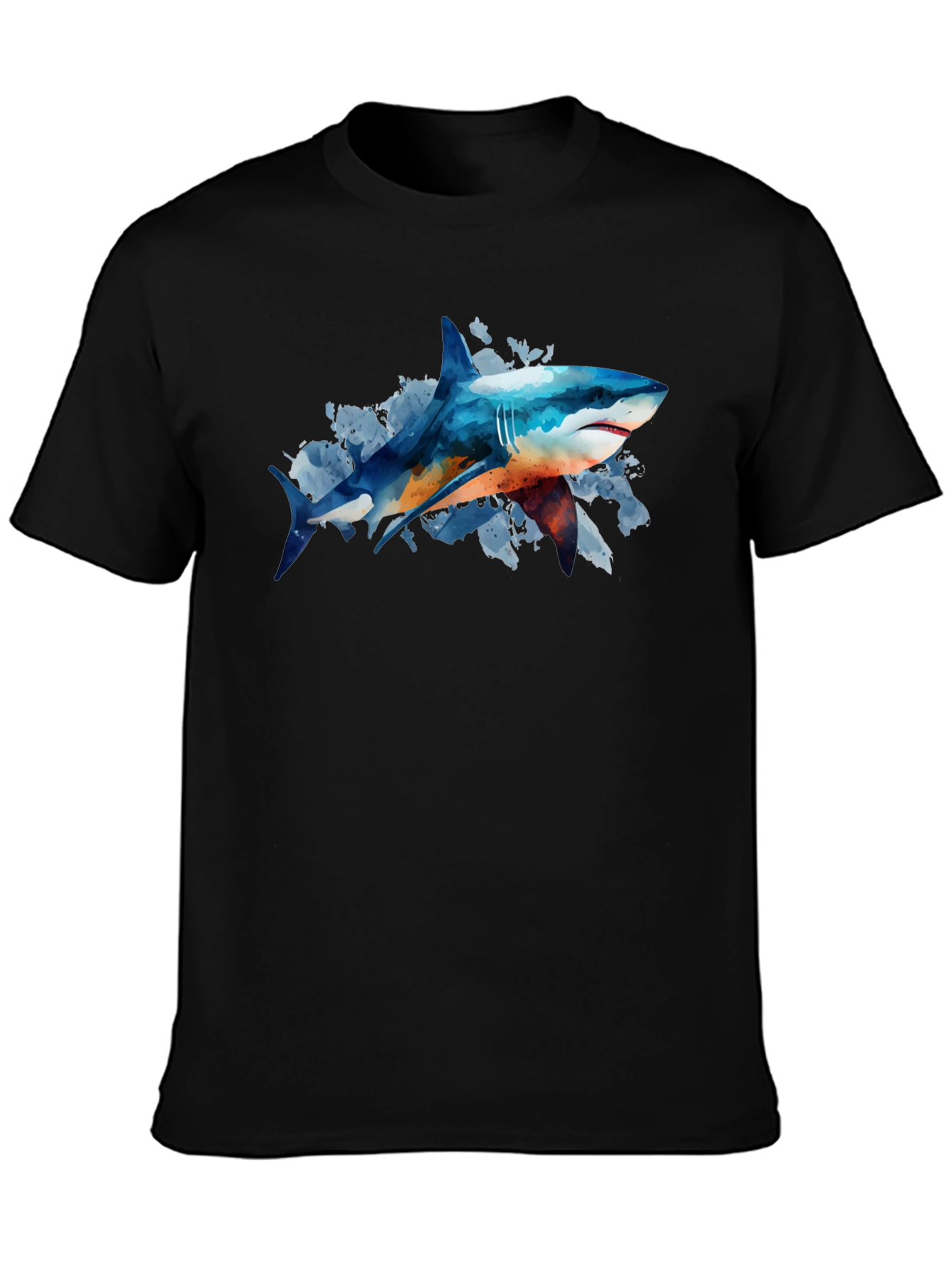 Shark Watercolor Graphic Print Black T-Shirt