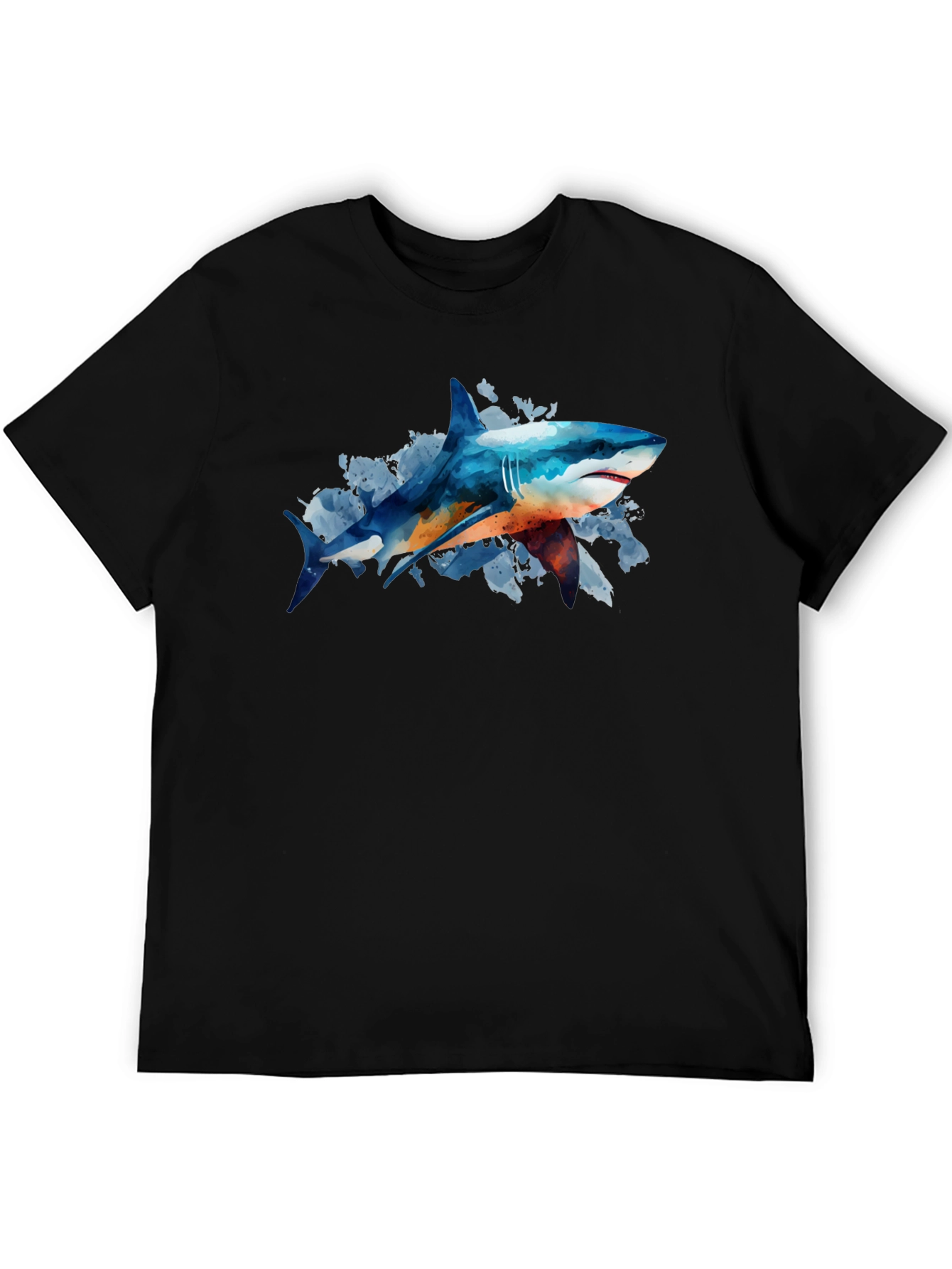 Shark Watercolor Graphic Print Black T-Shirt