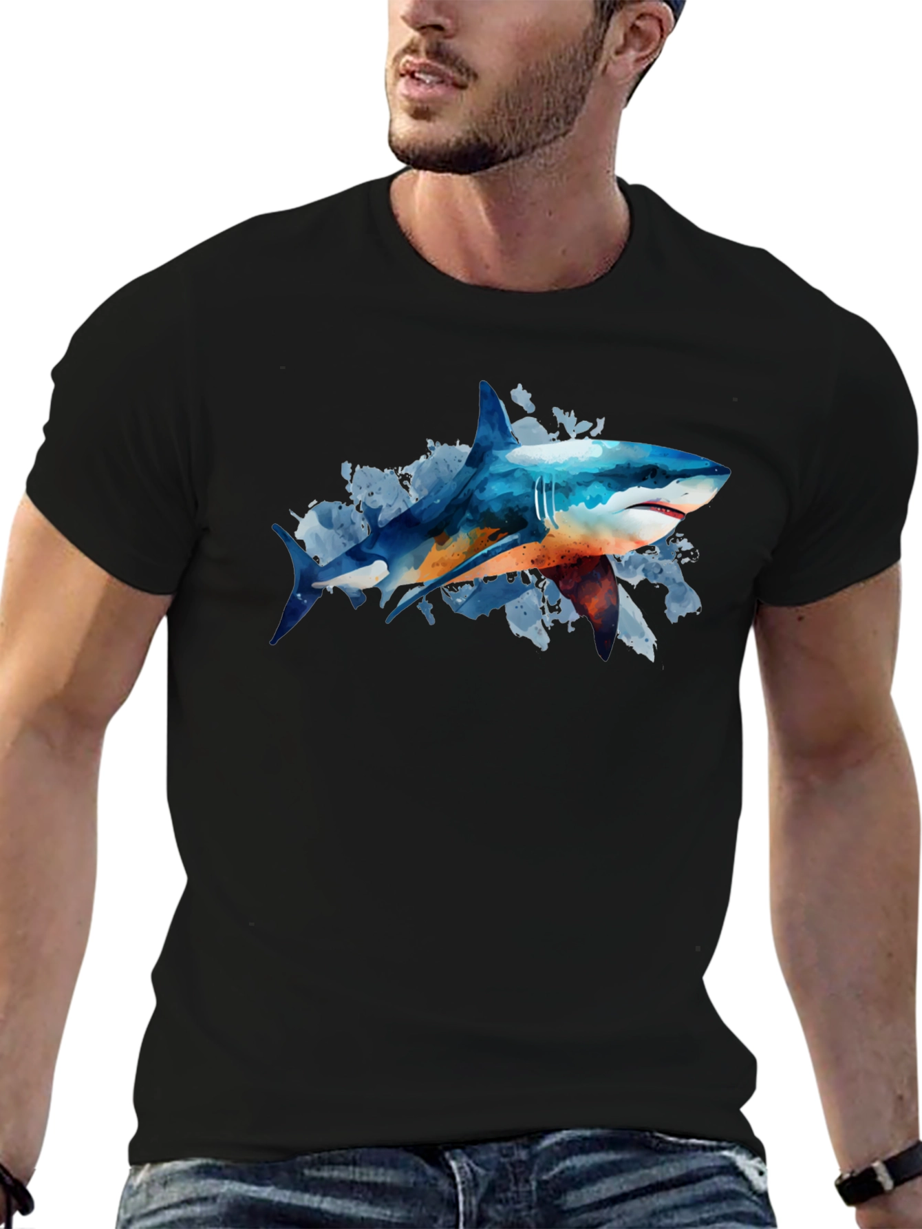 Shark Watercolor Graphic Print Black T-Shirt