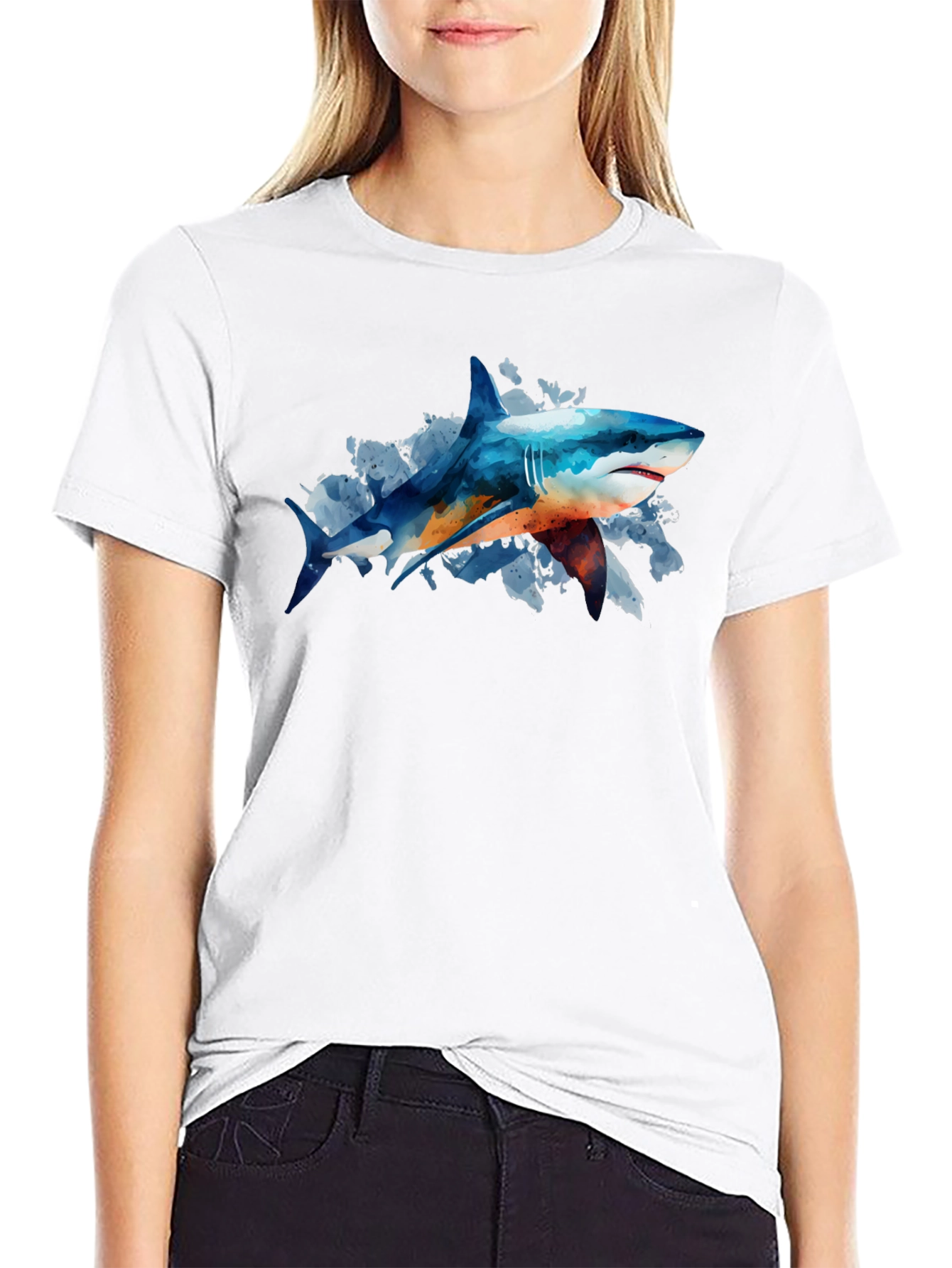 Shark Watercolor Graphic Print Black T-Shirt