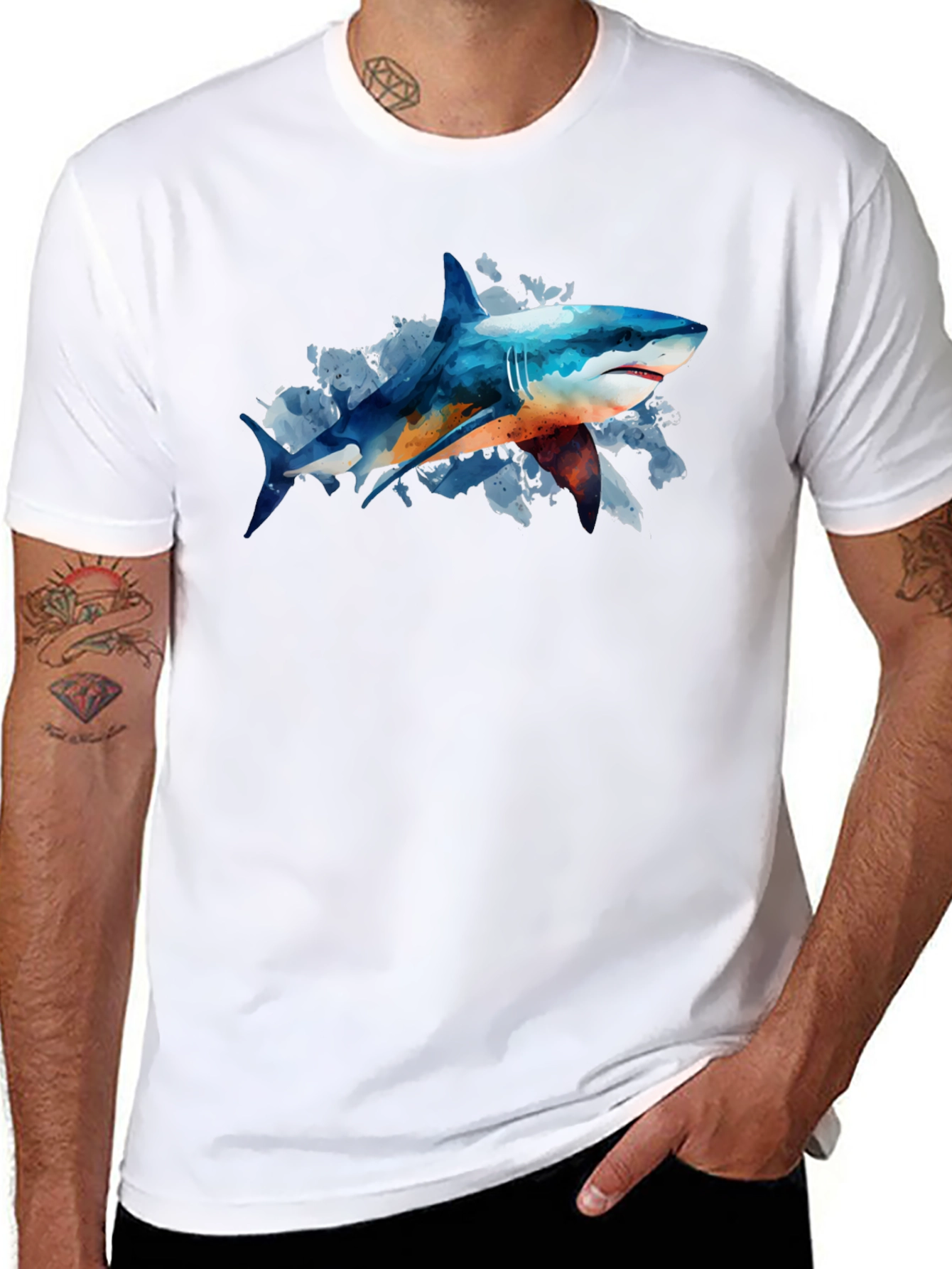 Shark Watercolor Graphic Print Black T-Shirt