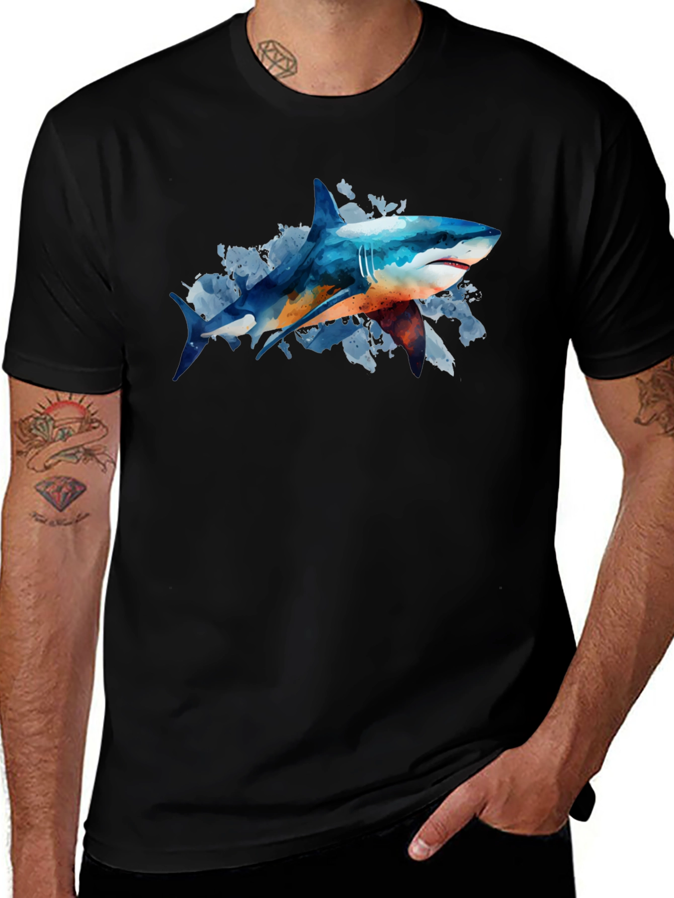 Shark Watercolor Graphic Print Black T-Shirt