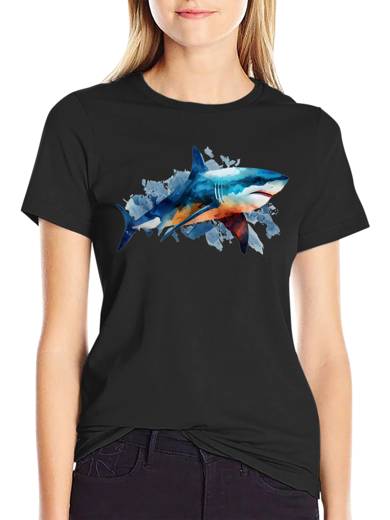 Shark Watercolor Graphic Print Black T-Shirt