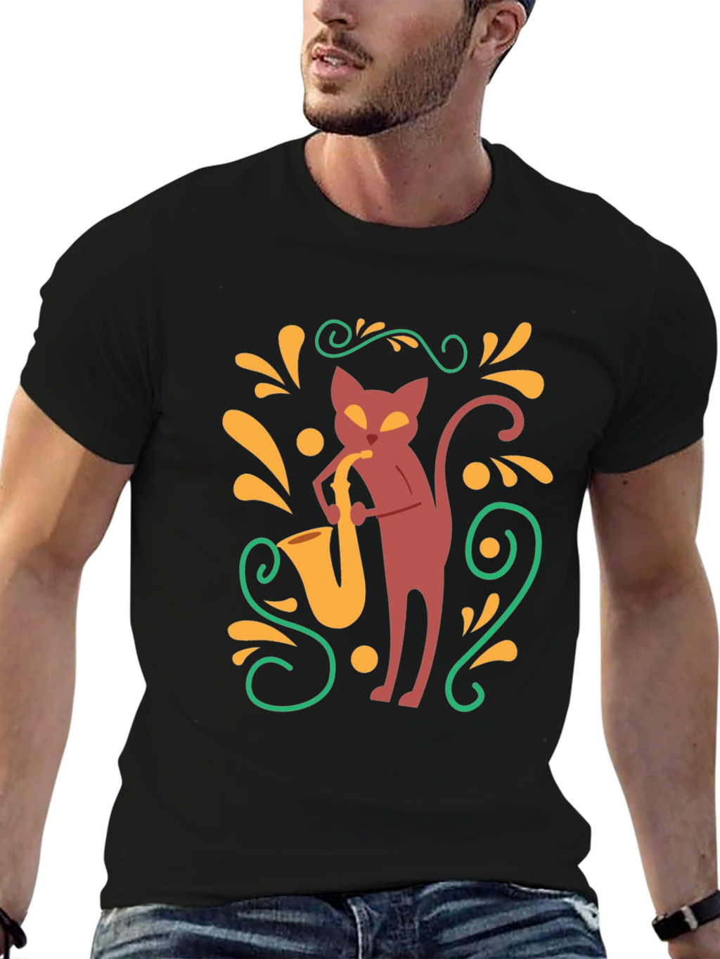 Cool Cat Saxophone Black T-Shirt
