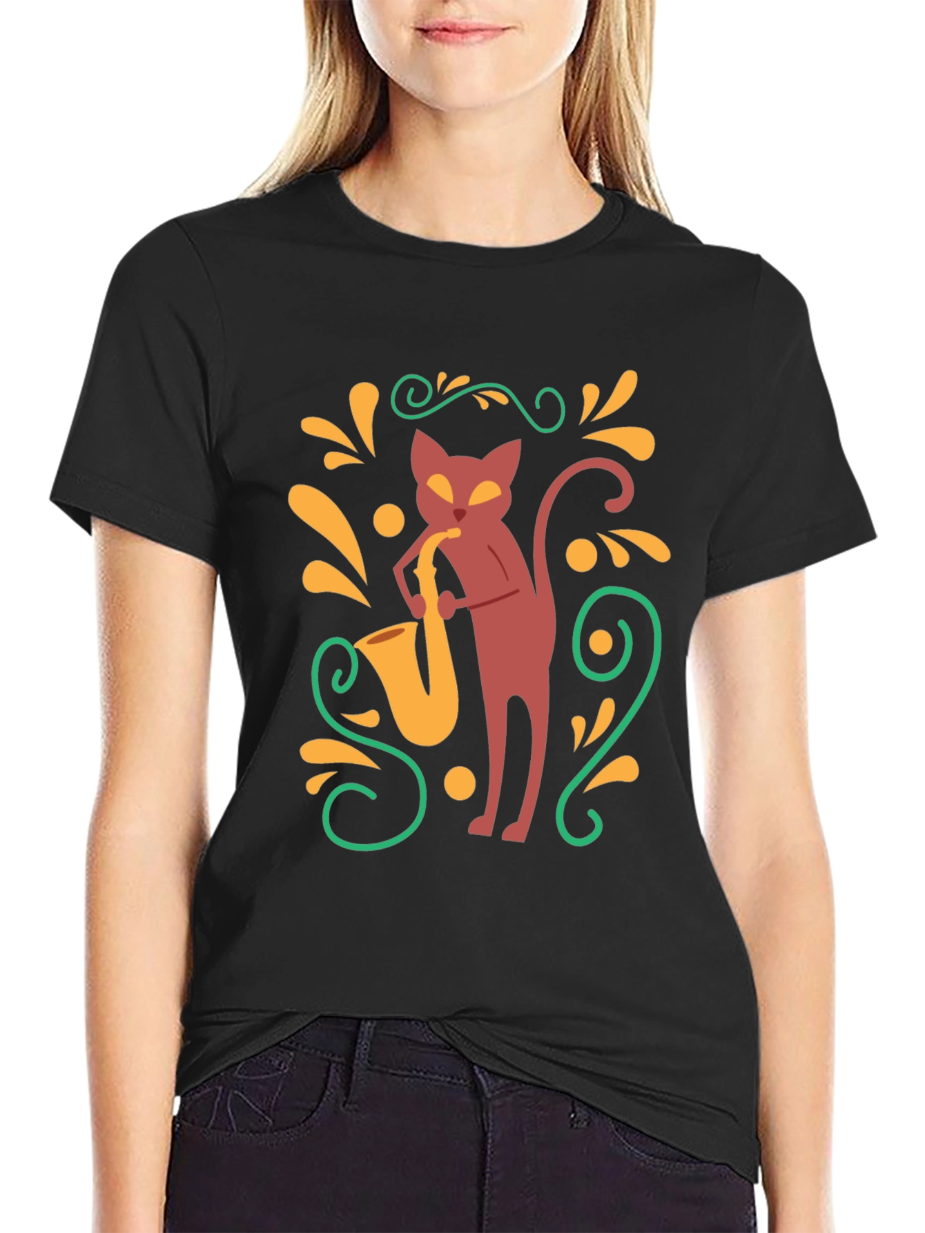 Cool Cat Saxophone Black T-Shirt