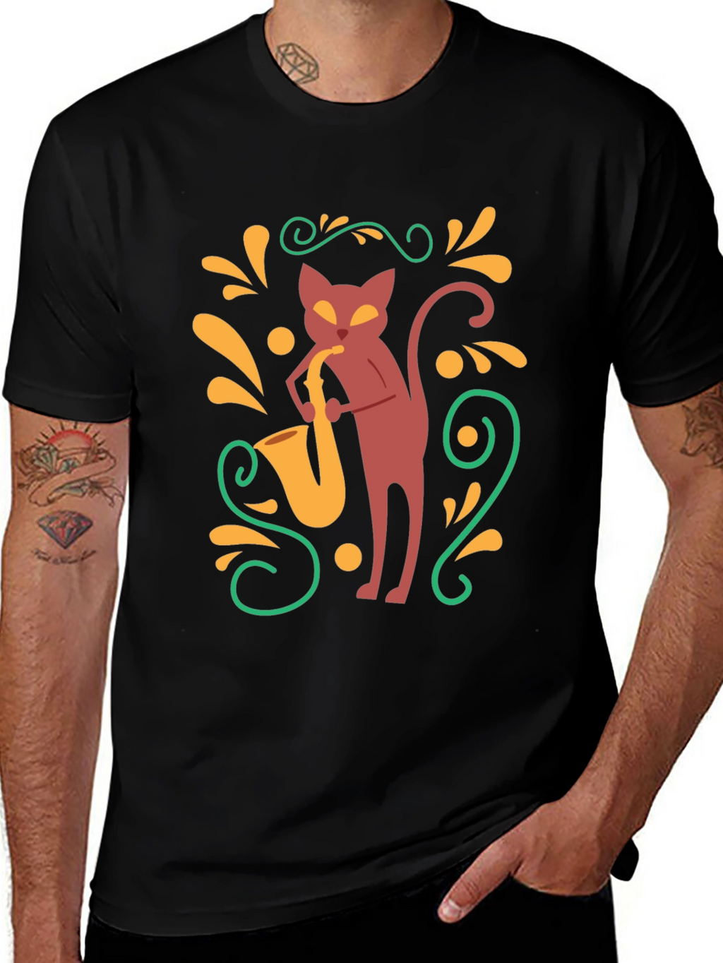 Cool Cat Saxophone Black T-Shirt
