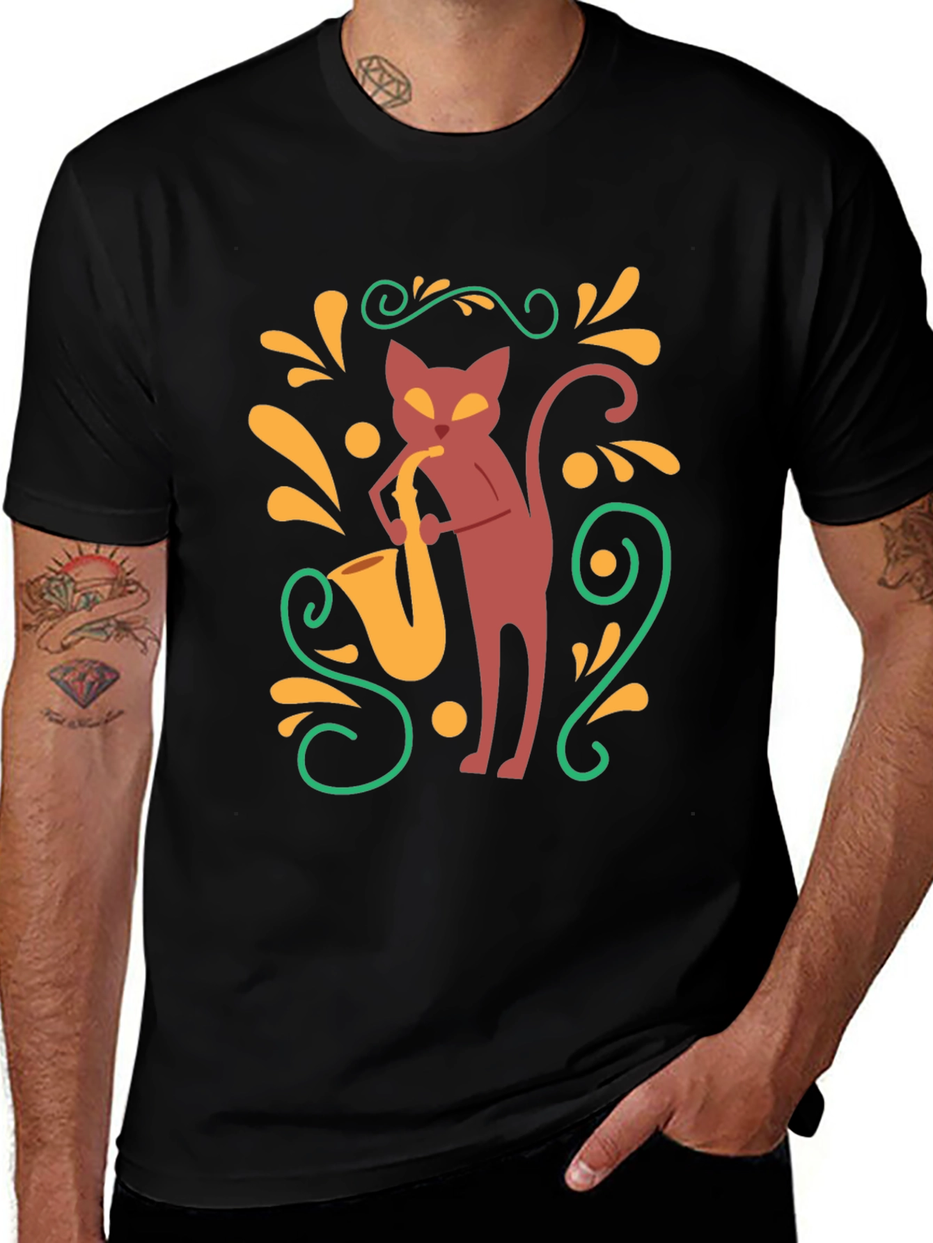 Cool Cat Saxophone Black T-Shirt