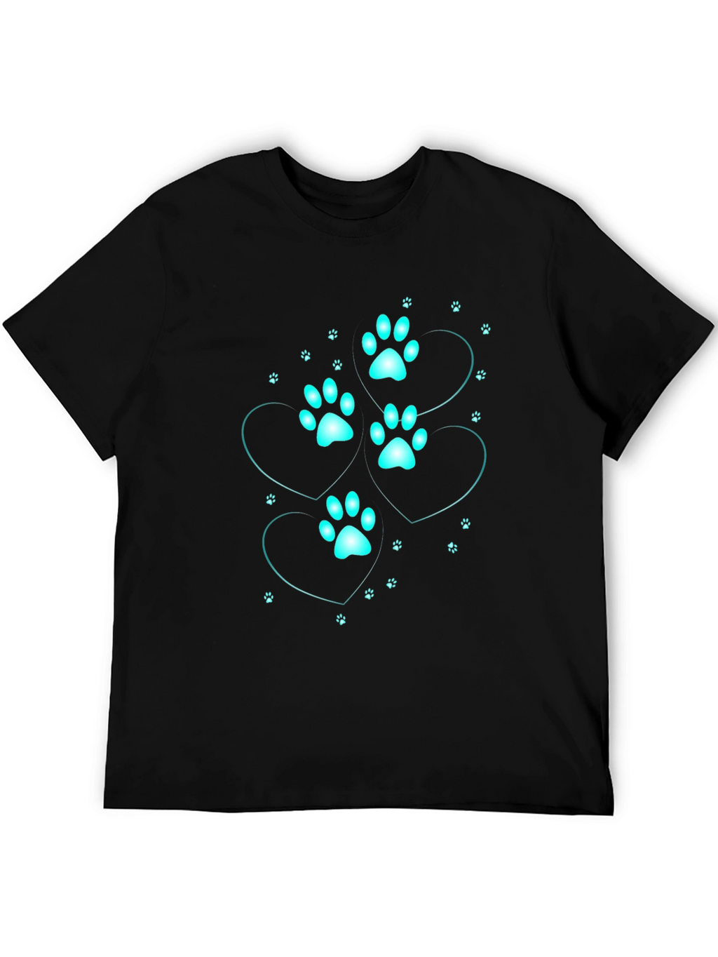 Mens Black T-Shirt with Cyan Paw Print Heart Design