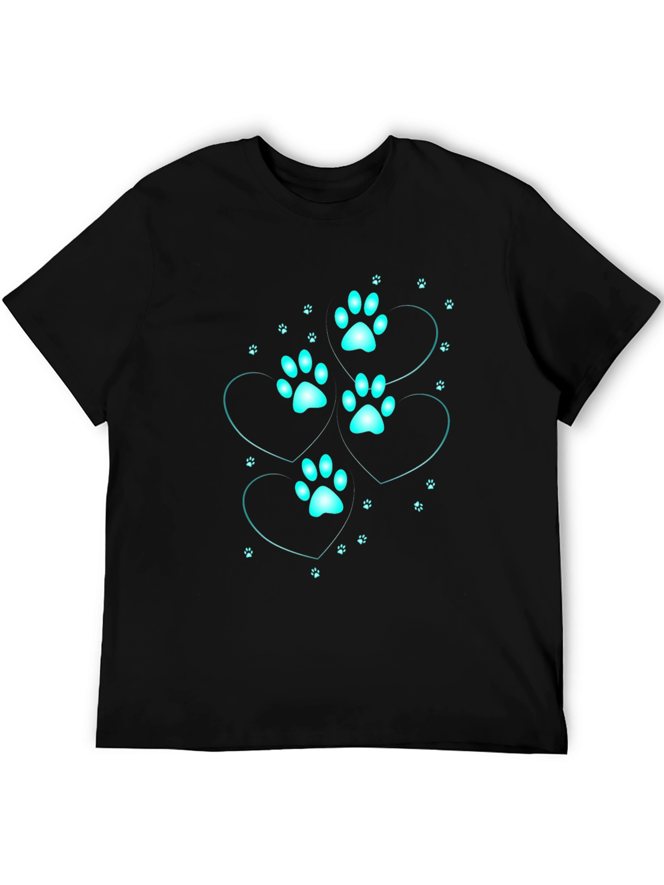 Mens Black T-Shirt with Cyan Paw Print Heart Design