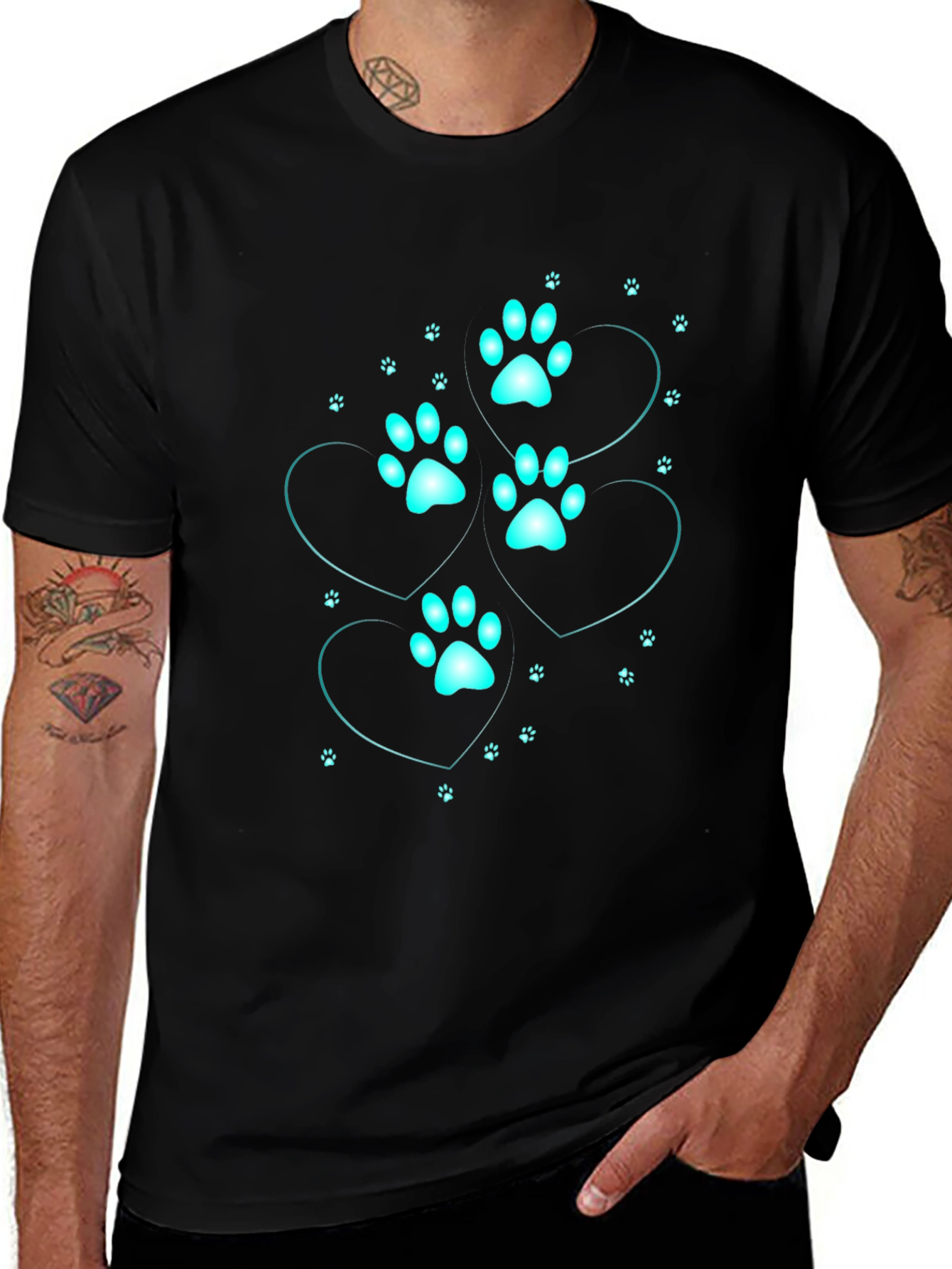 Mens Black T-Shirt with Cyan Paw Print Heart Design