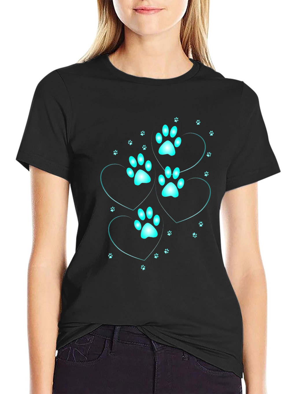 Mens Black T-Shirt with Cyan Paw Print Heart Design