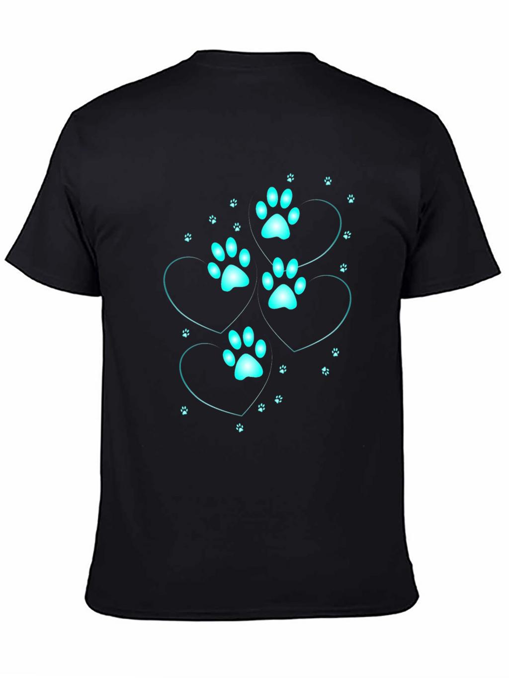 Mens Black T-Shirt with Cyan Paw Print Heart Design