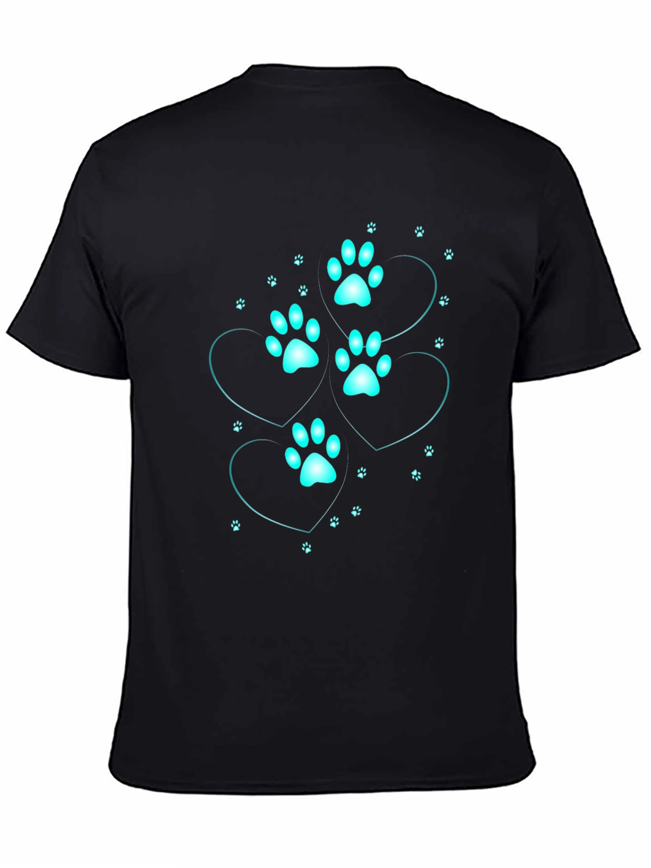 Mens Black T-Shirt with Cyan Paw Print Heart Design