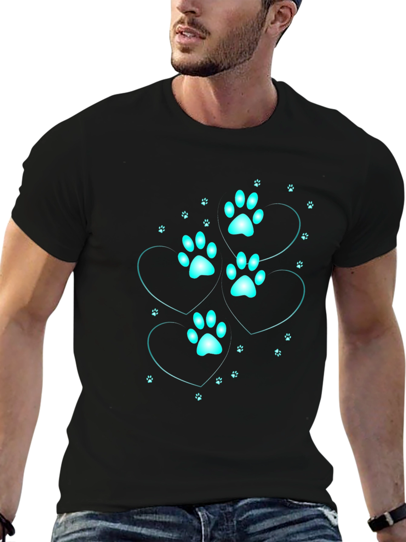 Mens Black T-Shirt with Cyan Paw Print Heart Design