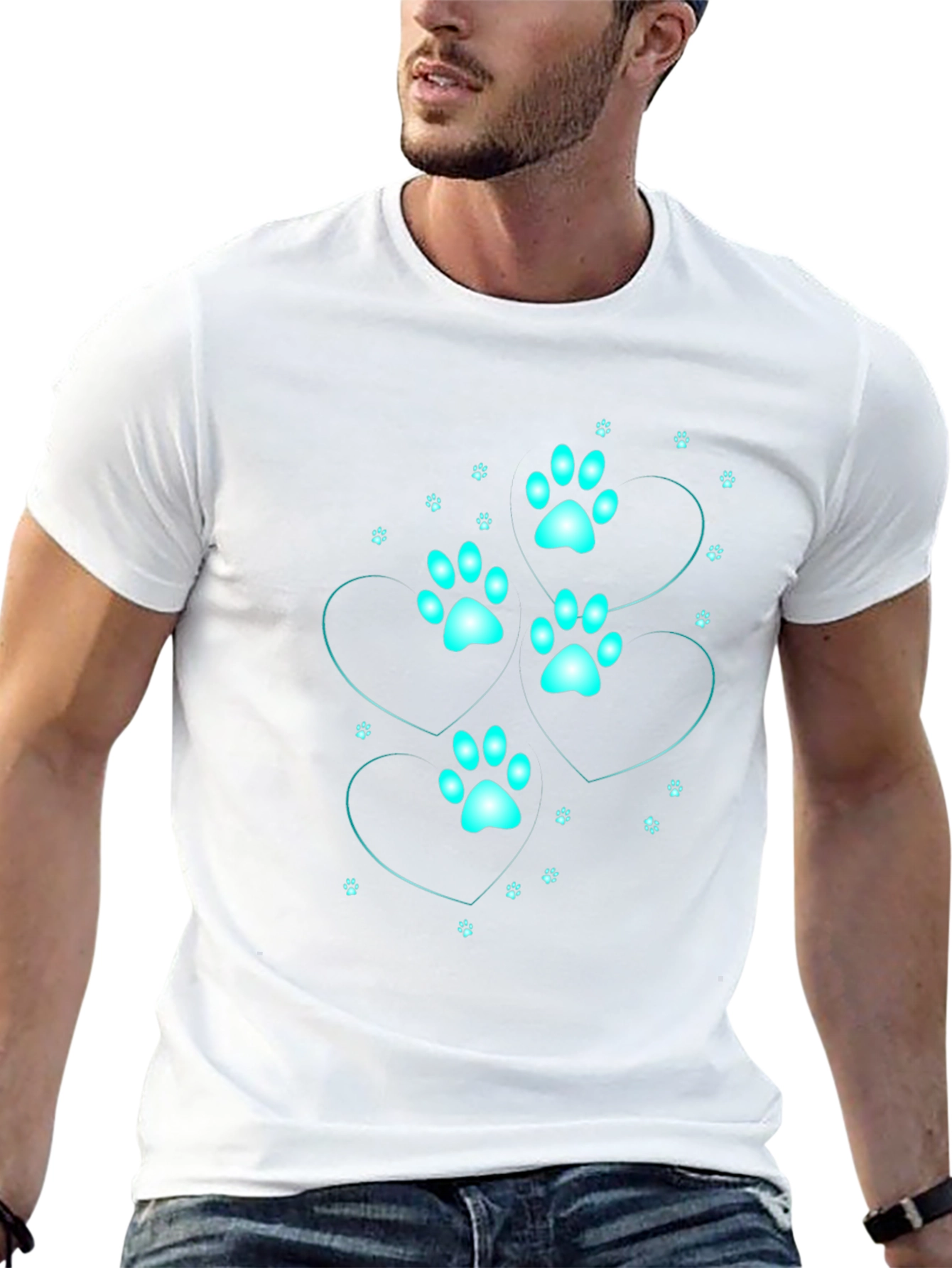 Mens Black T-Shirt with Cyan Paw Print Heart Design