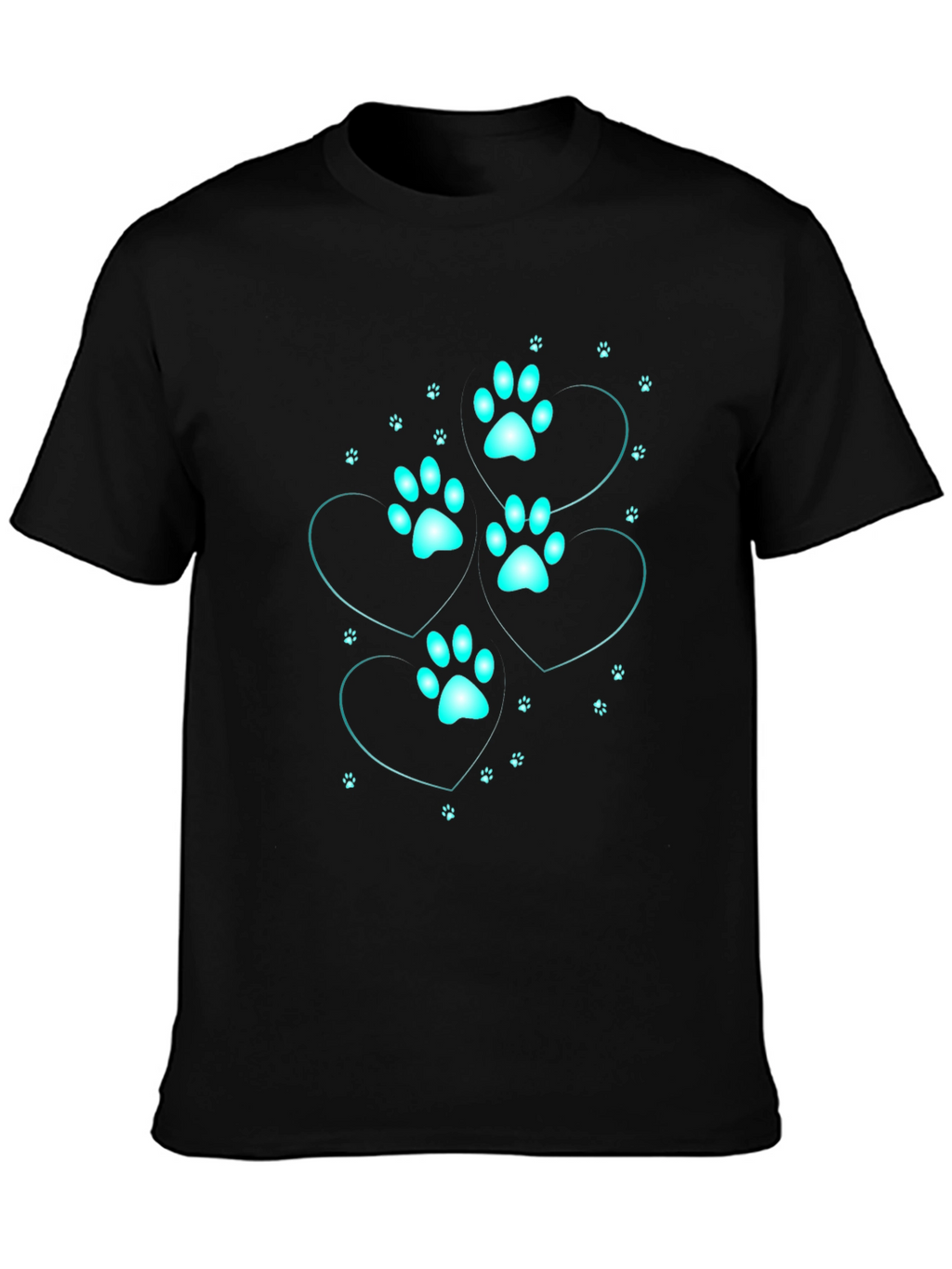 Mens Black T-Shirt with Cyan Paw Print Heart Design