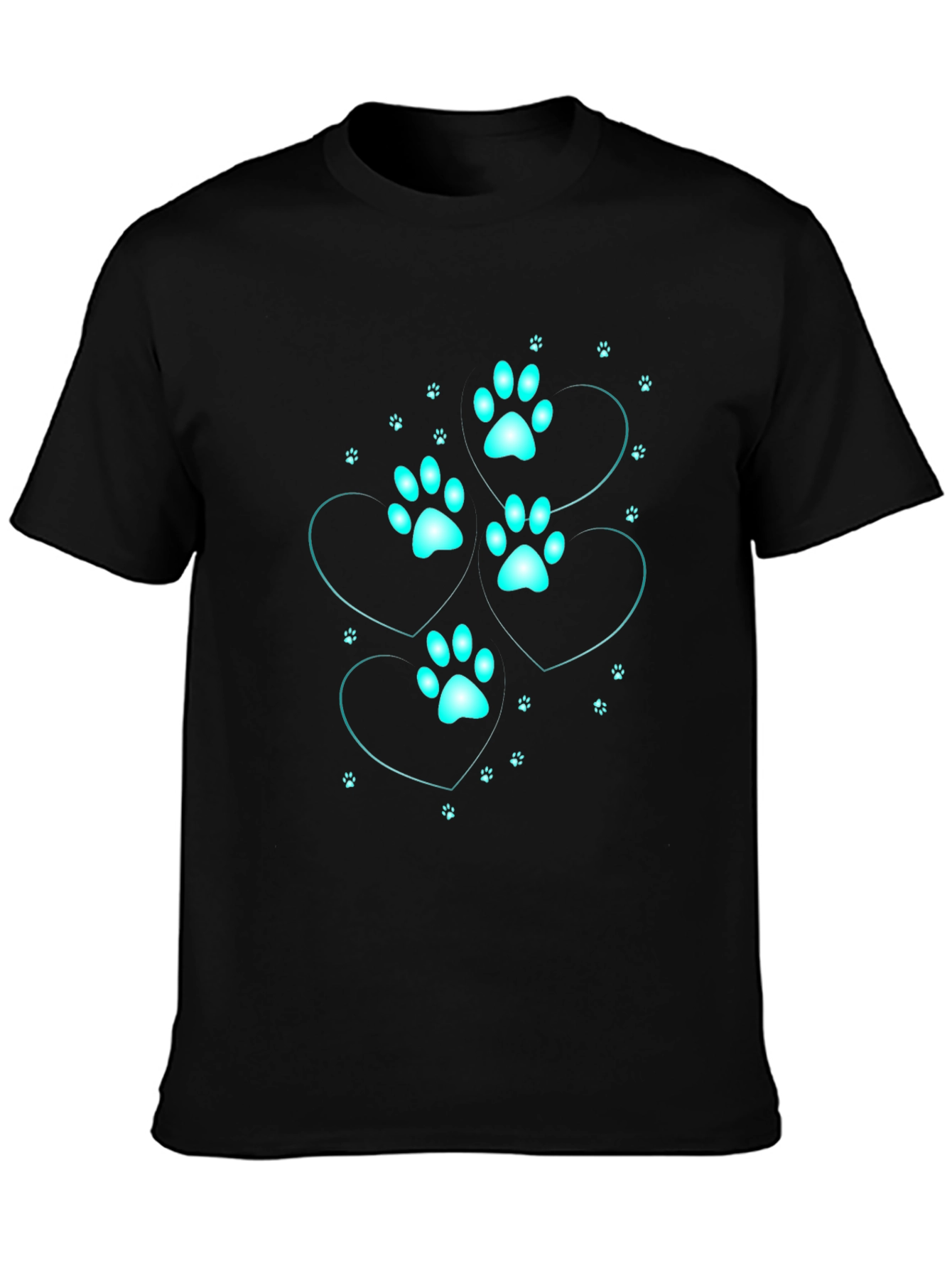 Mens Black T-Shirt with Cyan Paw Print Heart Design