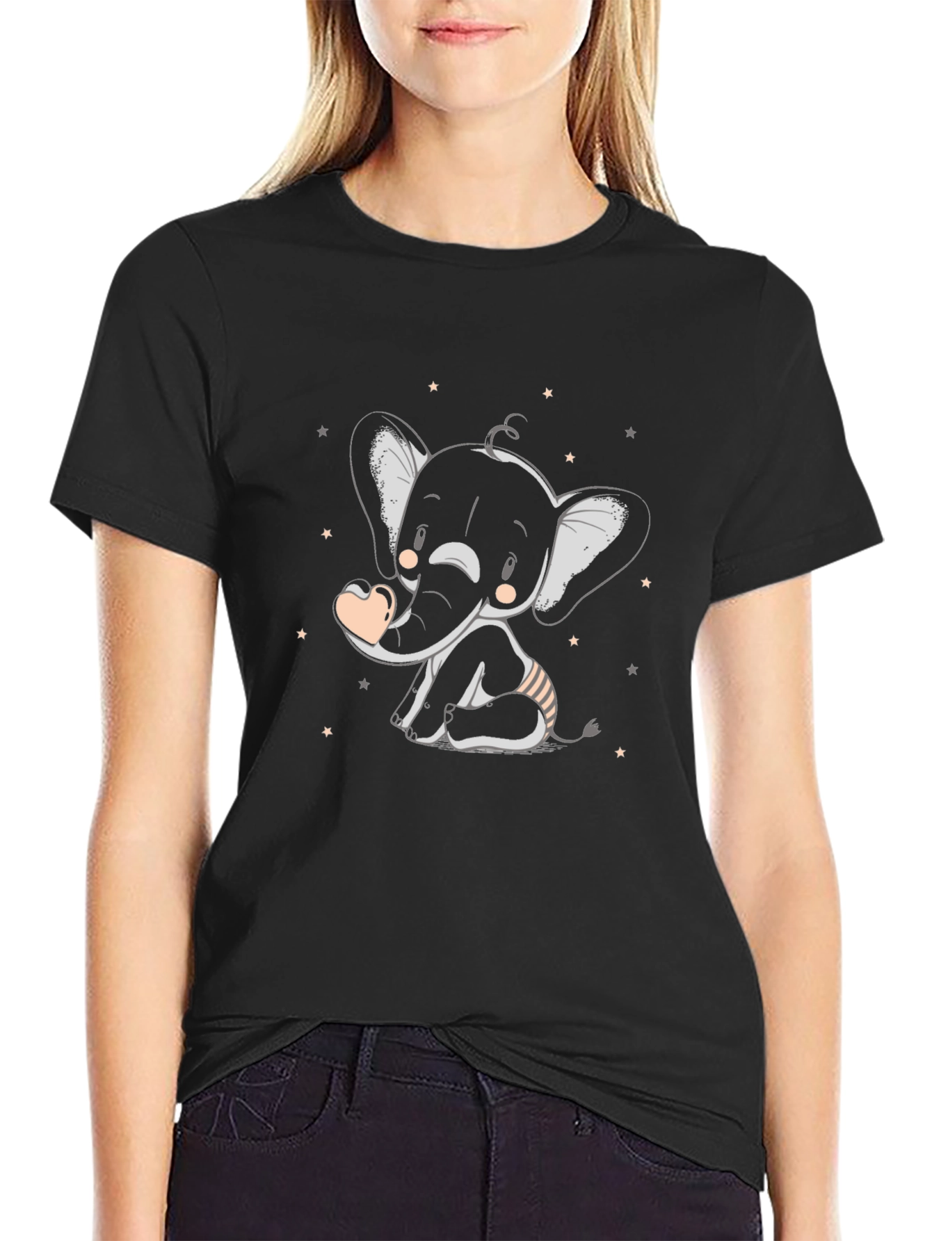 Cute Elephant Graphic Tee - Black